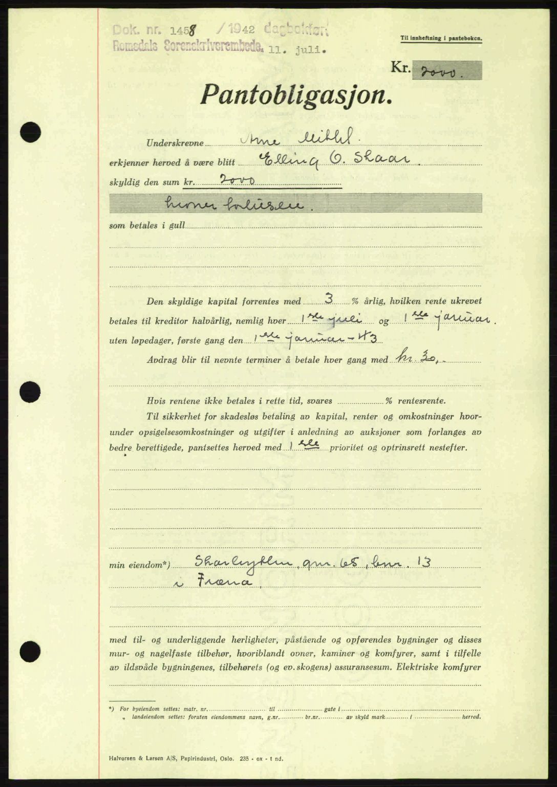 Romsdal sorenskriveri, AV/SAT-A-4149/1/2/2C: Mortgage book no. B2, 1939-1945, Diary no: : 1458/1942