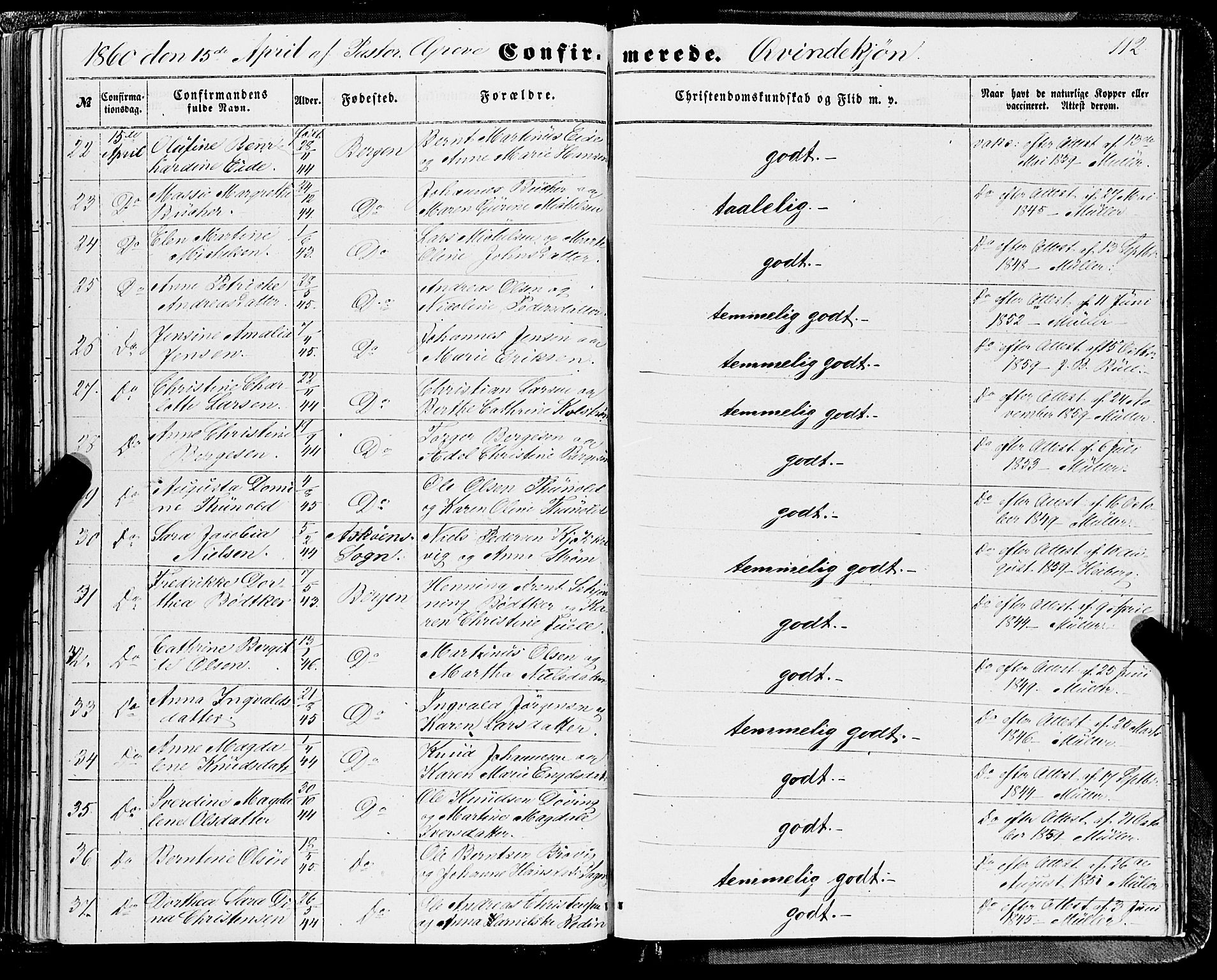 Domkirken sokneprestembete, AV/SAB-A-74801/H/Haa/L0028: Parish register (official) no. C 3, 1852-1864, p. 112