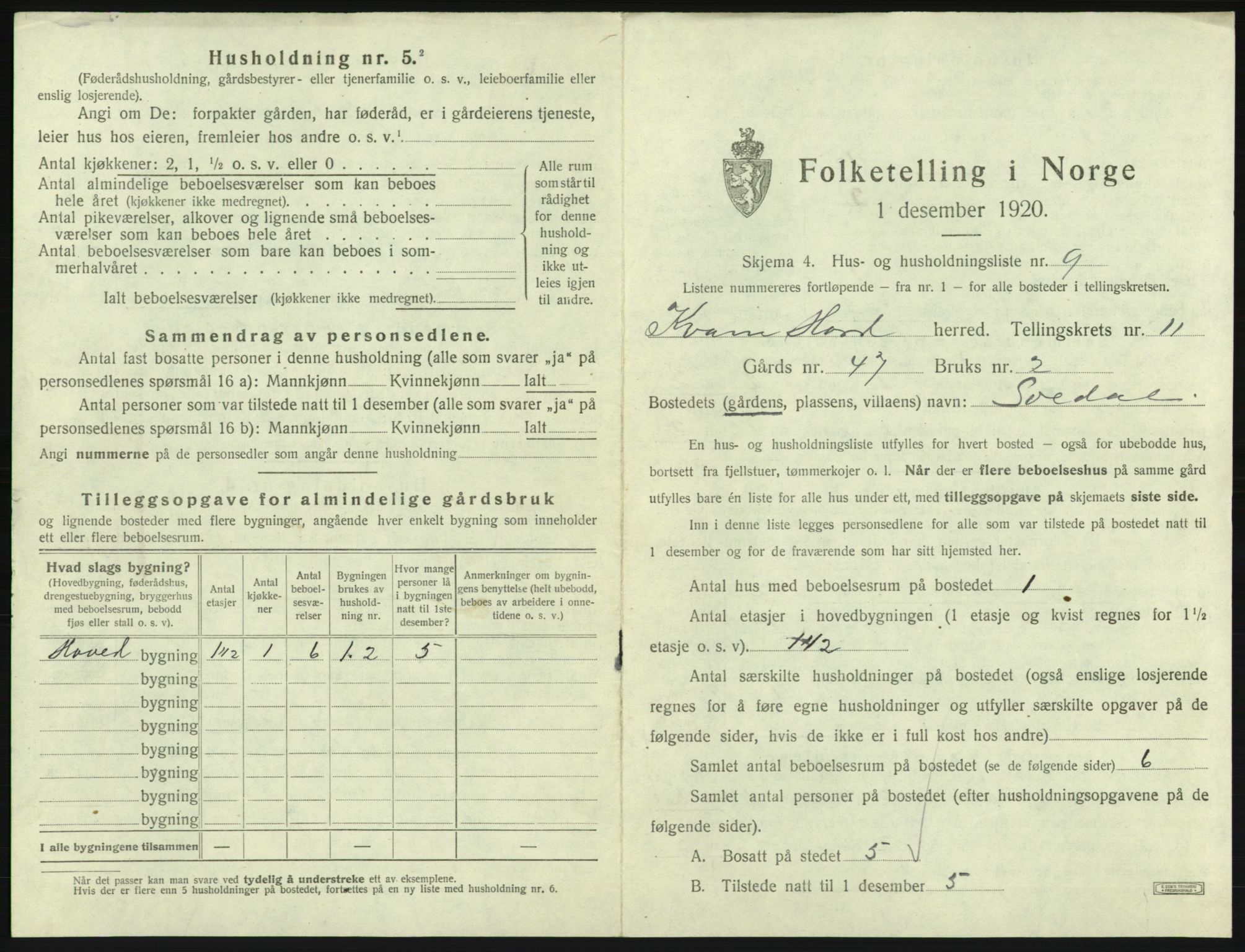 SAB, 1920 census for Kvam, 1920, p. 976