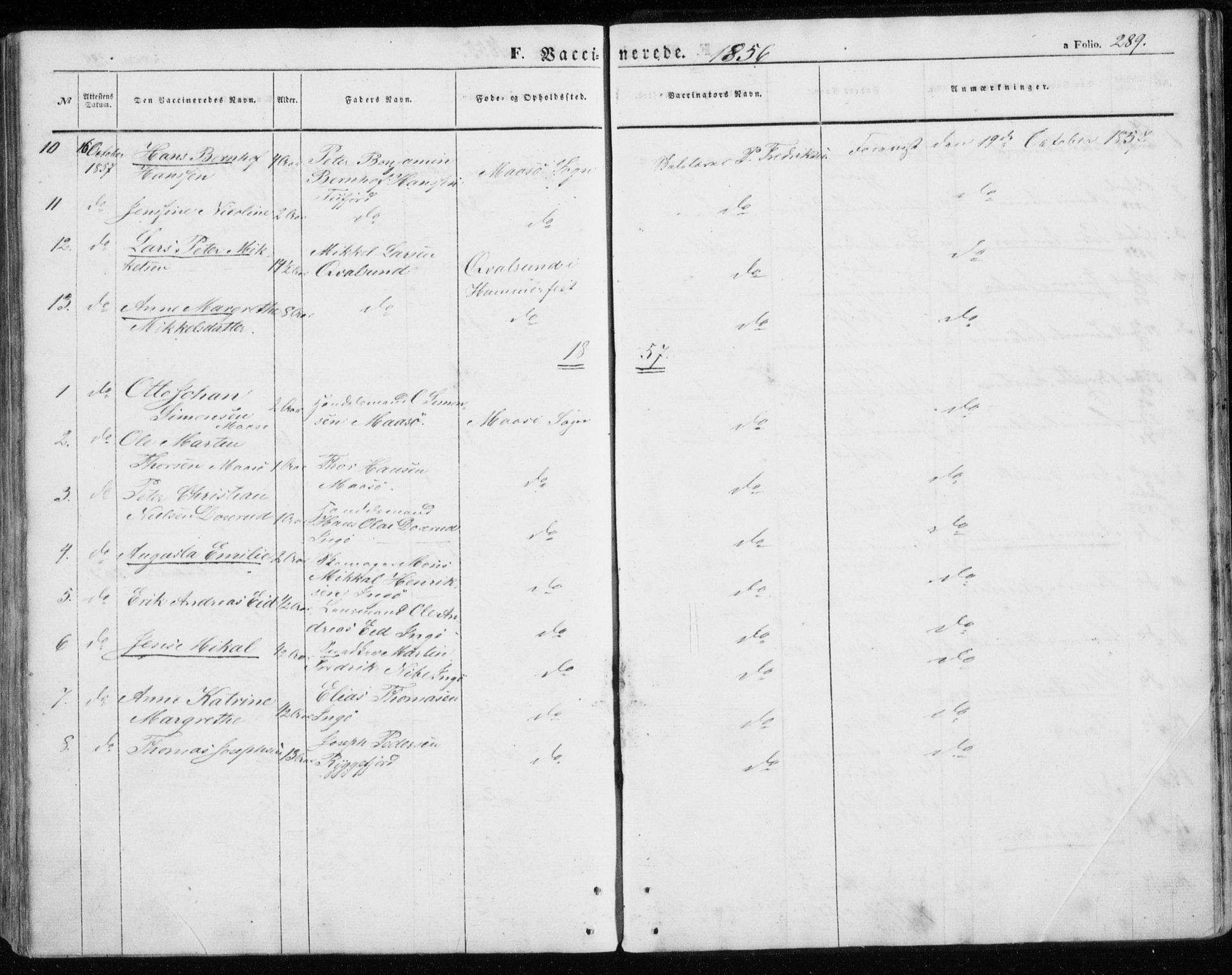 Måsøy sokneprestkontor, SATØ/S-1348/H/Ha/L0002kirke: Parish register (official) no. 2, 1852-1865, p. 289