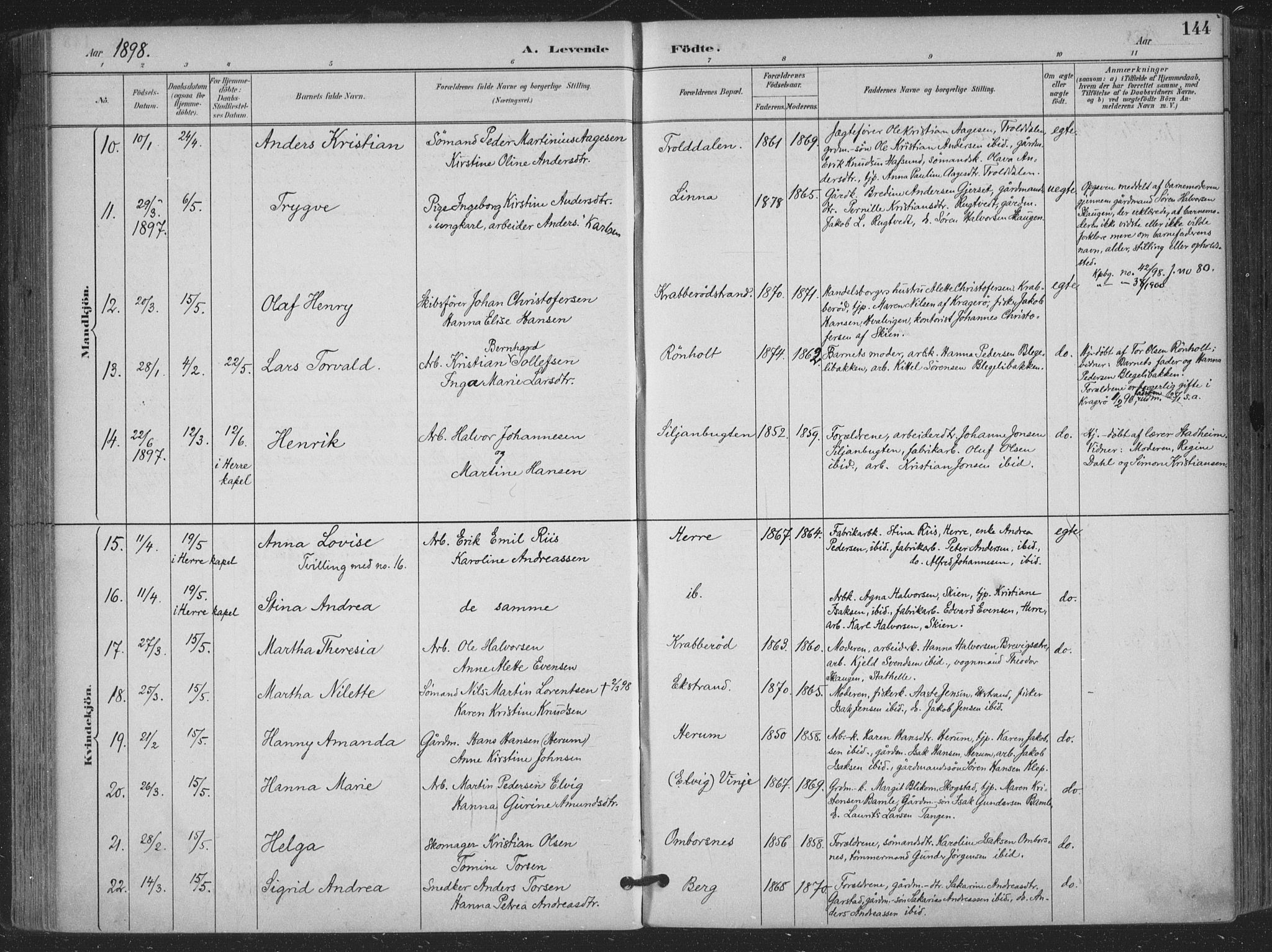 Bamble kirkebøker, SAKO/A-253/F/Fa/L0008: Parish register (official) no. I 8, 1888-1900, p. 144
