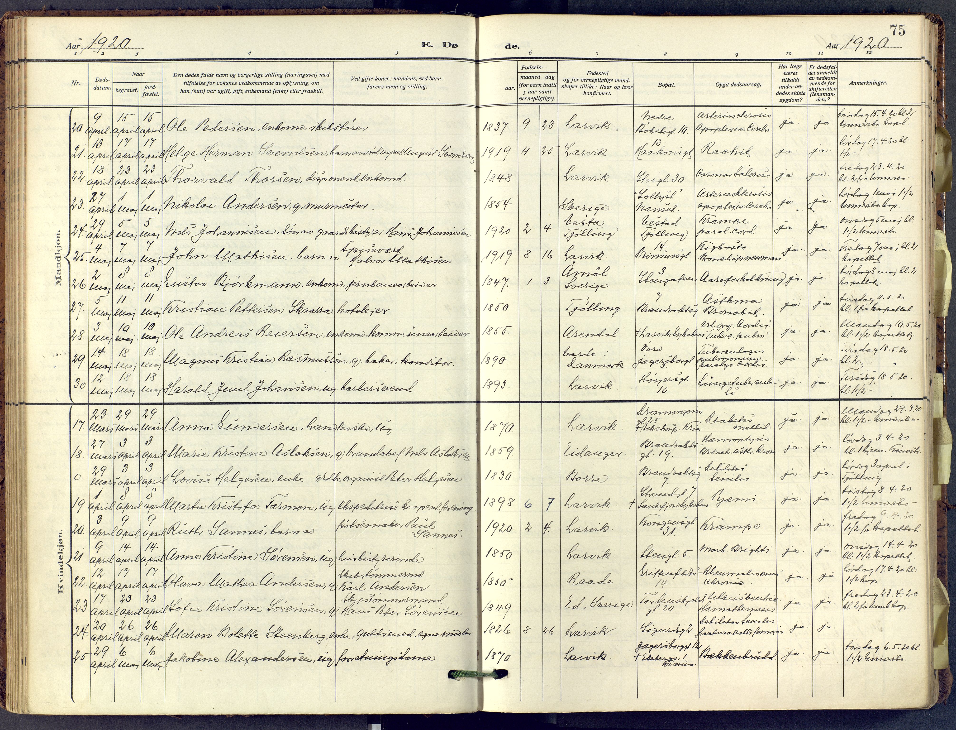 Larvik kirkebøker, SAKO/A-352/F/Fa/L0013: Parish register (official) no. I 13, 1910-1960, p. 75