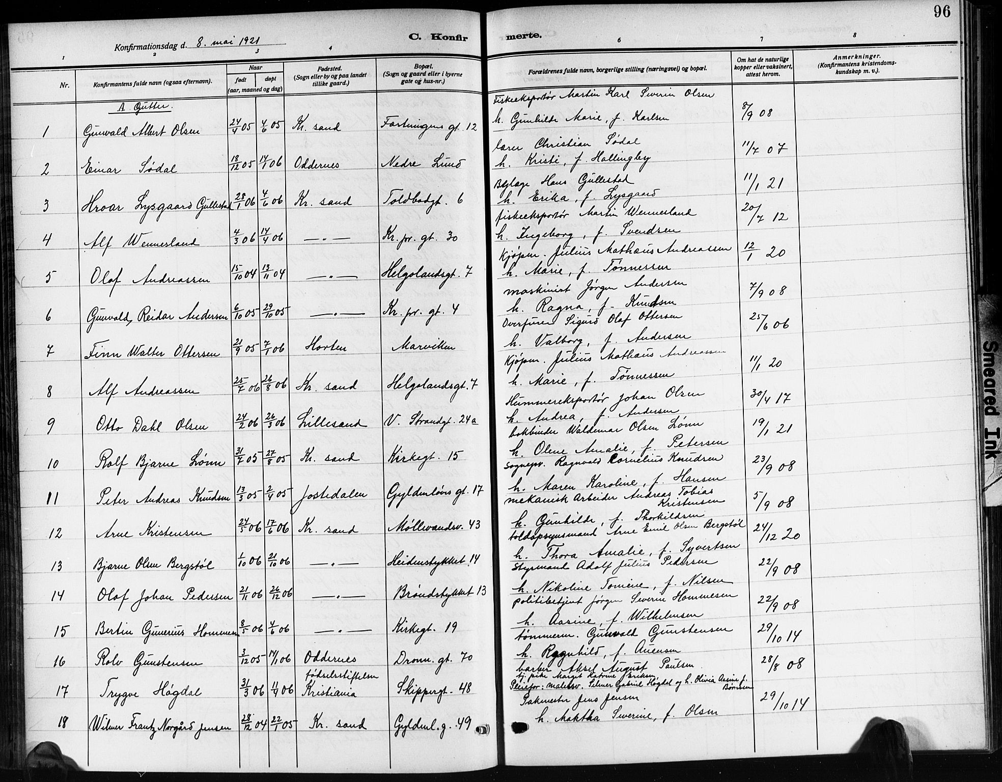 Kristiansand domprosti, SAK/1112-0006/F/Fb/L0022: Parish register (copy) no. B 22, 1915-1925, p. 96