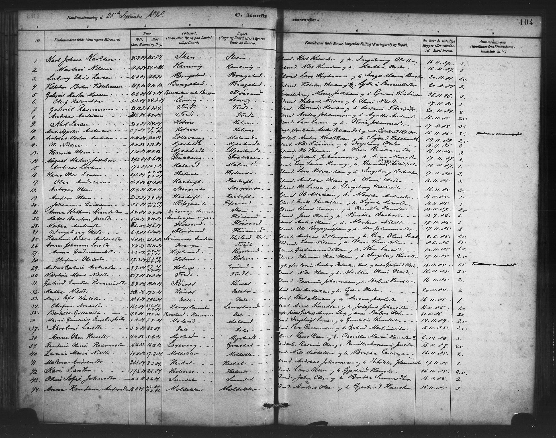 Alversund Sokneprestembete, SAB/A-73901/H/Ha/Haa/Haac/L0001: Parish register (official) no. C 1, 1882-1900, p. 104