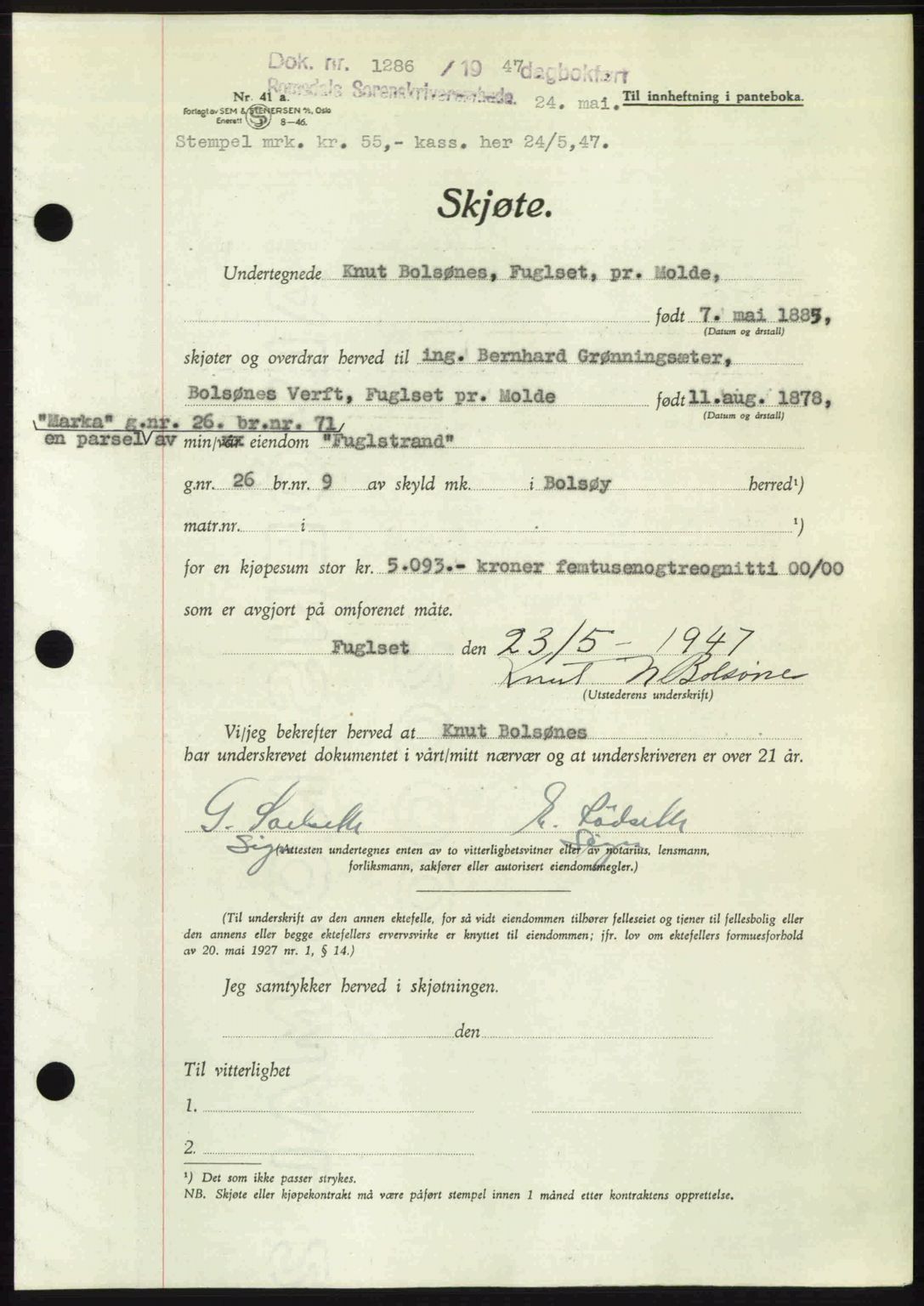 Romsdal sorenskriveri, AV/SAT-A-4149/1/2/2C: Mortgage book no. A23, 1947-1947, Diary no: : 1286/1947