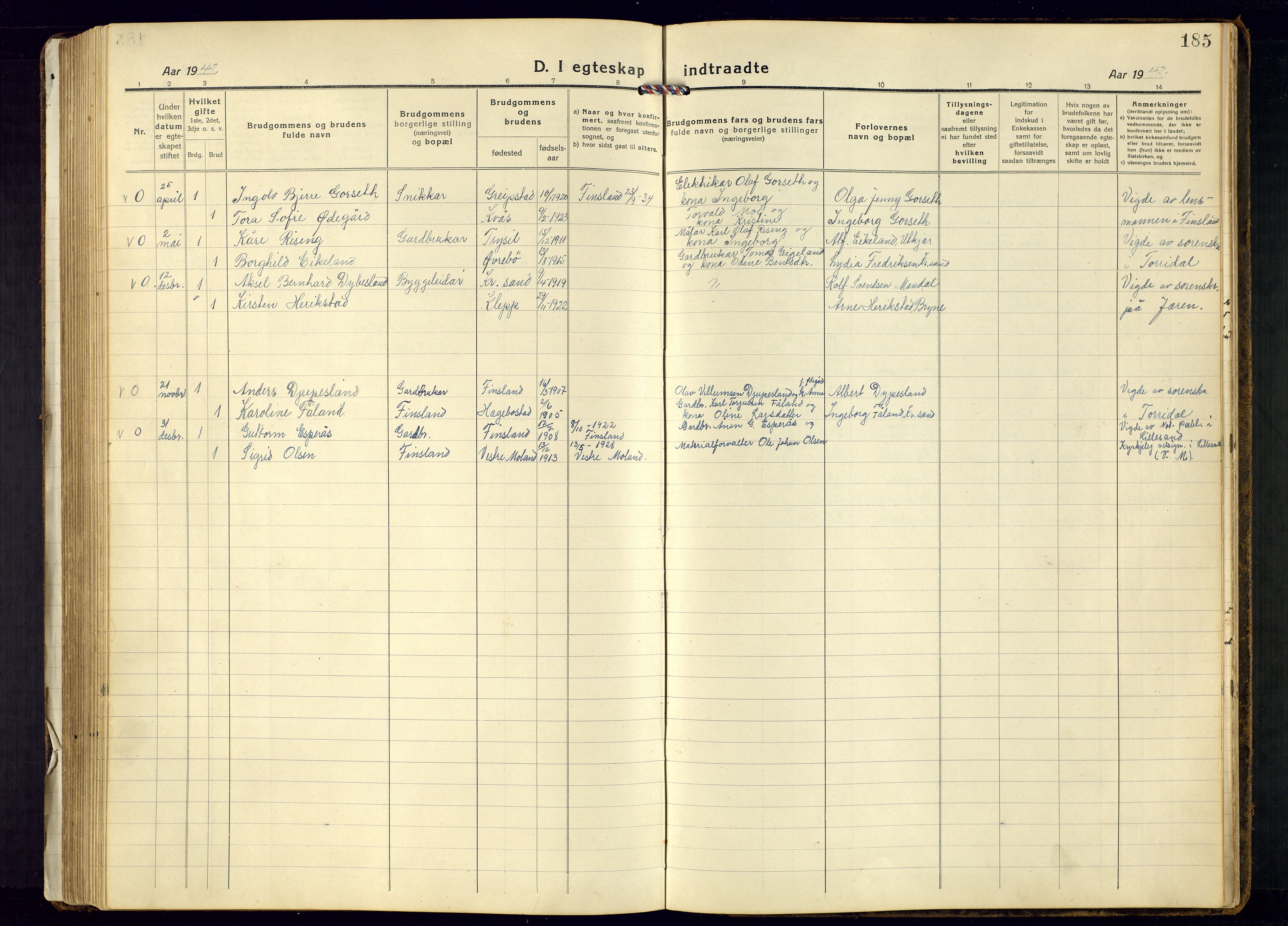 Bjelland sokneprestkontor, SAK/1111-0005/F/Fb/Fbb/L0006: Parish register (copy) no. B-6, 1918-1946, p. 185