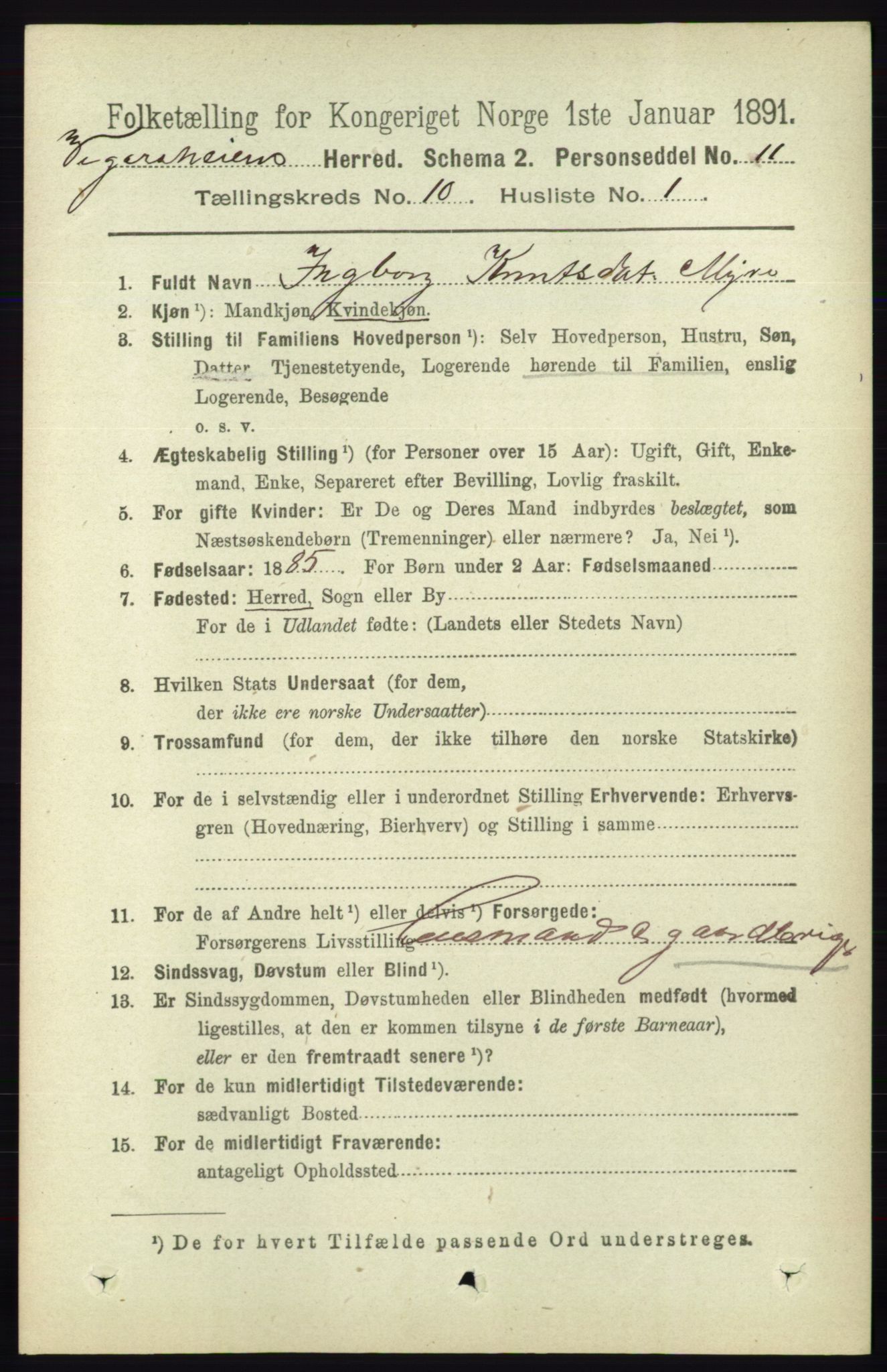 RA, 1891 census for 0912 Vegårshei, 1891, p. 1918