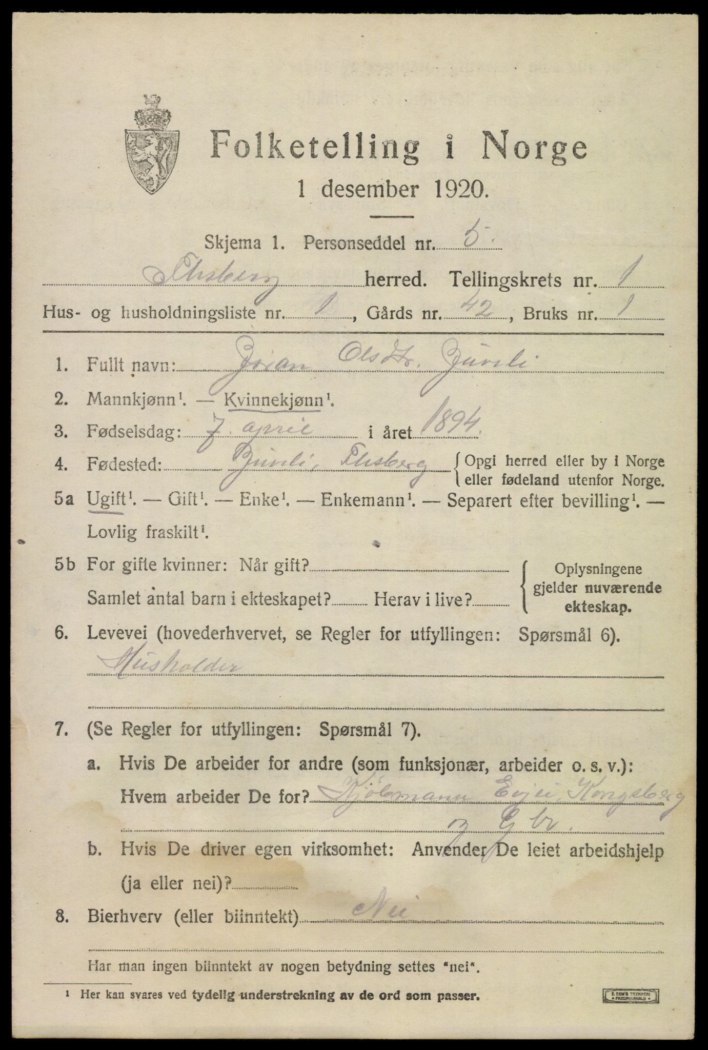 SAKO, 1920 census for Flesberg, 1920, p. 971