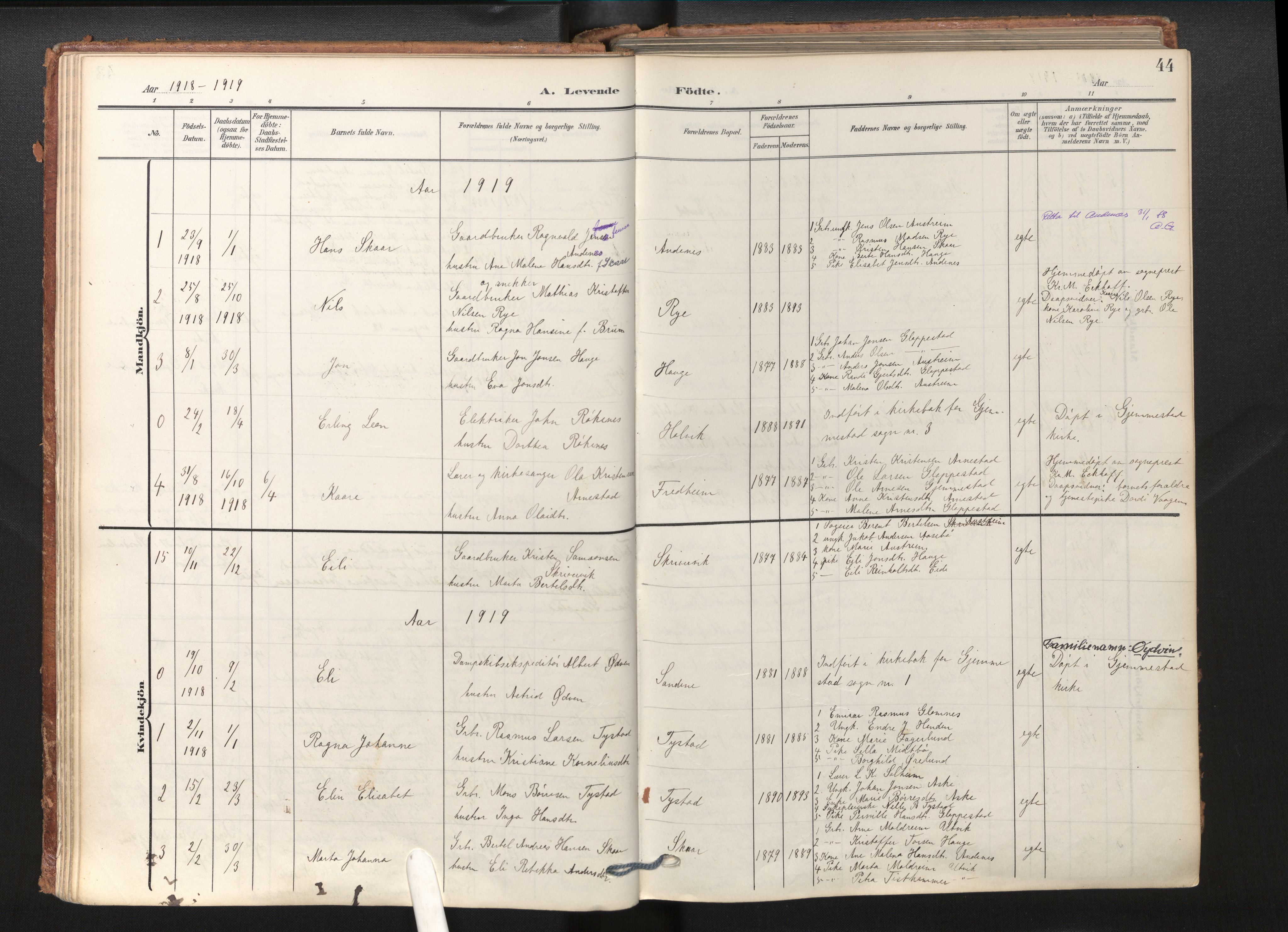 Gloppen sokneprestembete, SAB/A-80101/H/Haa/Haab/L0002: Parish register (official) no. B 2, 1906-1932, p. 43b-44a