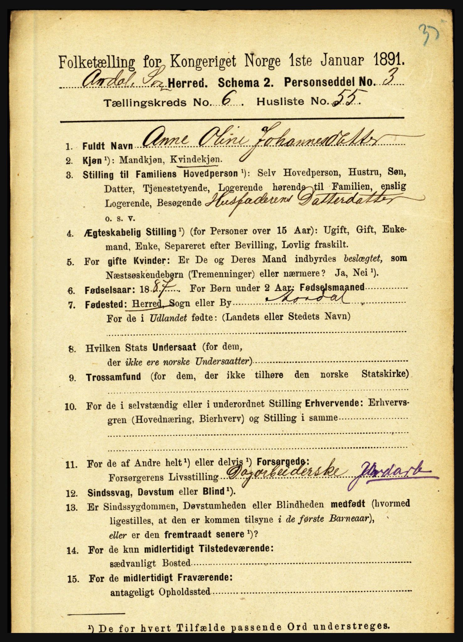 RA, 1891 census for 1424 Årdal, 1891, p. 1431