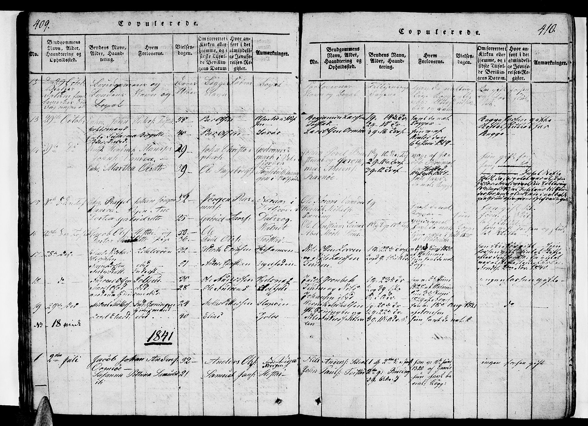 Ministerialprotokoller, klokkerbøker og fødselsregistre - Nordland, AV/SAT-A-1459/834/L0510: Parish register (copy) no. 834C01, 1820-1847, p. 409-410