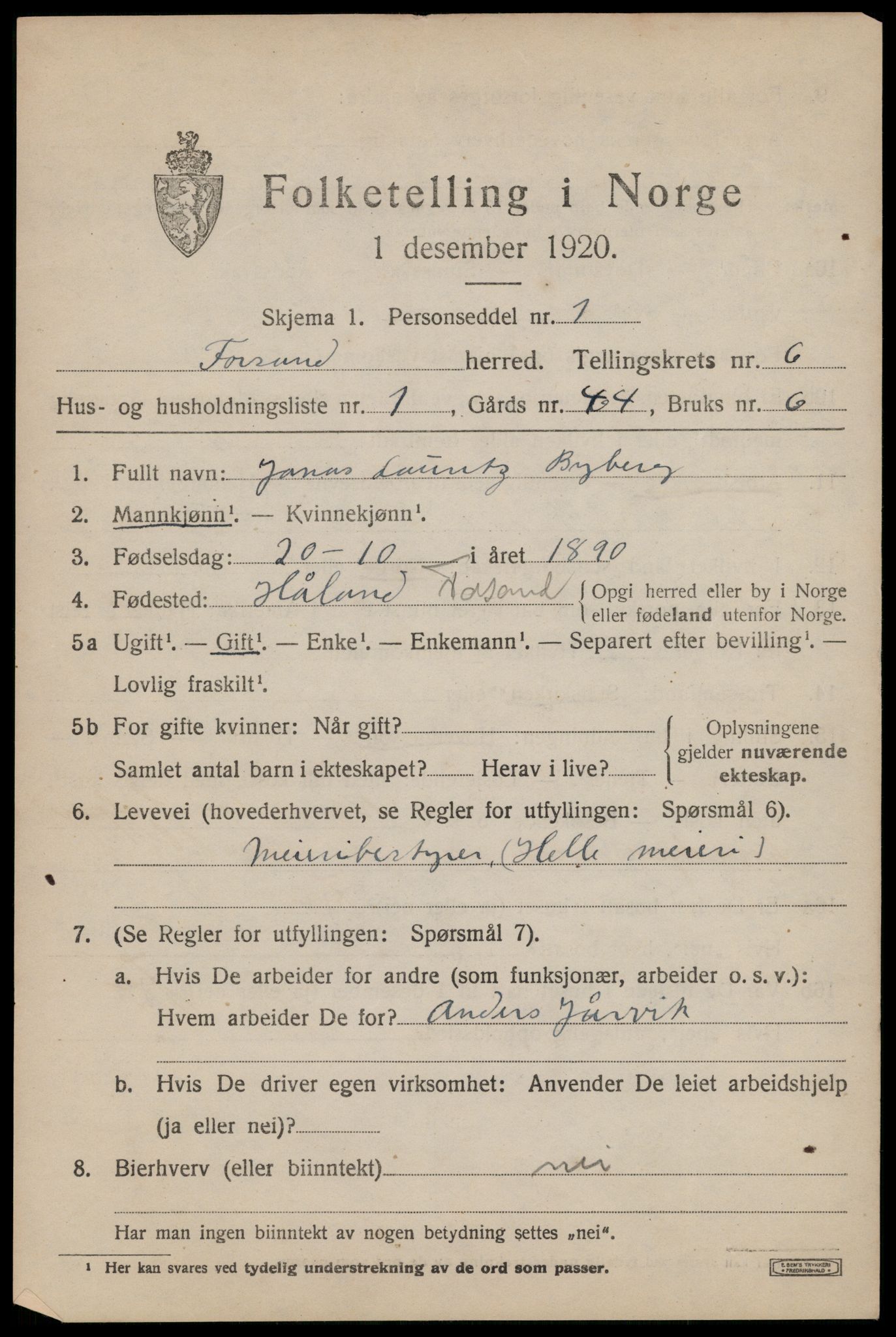 SAST, 1920 census for Forsand, 1920, p. 2765