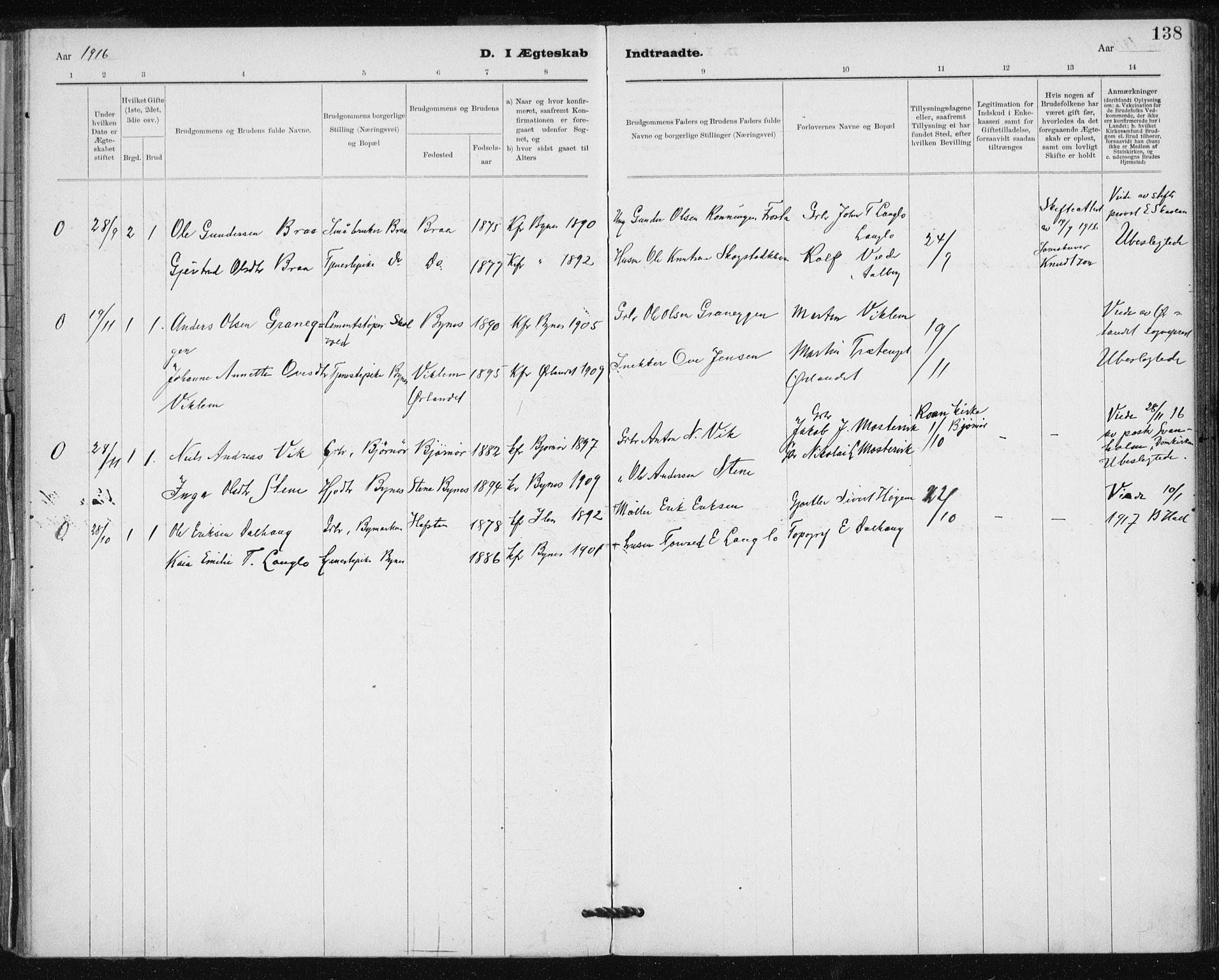 Ministerialprotokoller, klokkerbøker og fødselsregistre - Sør-Trøndelag, SAT/A-1456/612/L0381: Parish register (official) no. 612A13, 1907-1923, p. 138