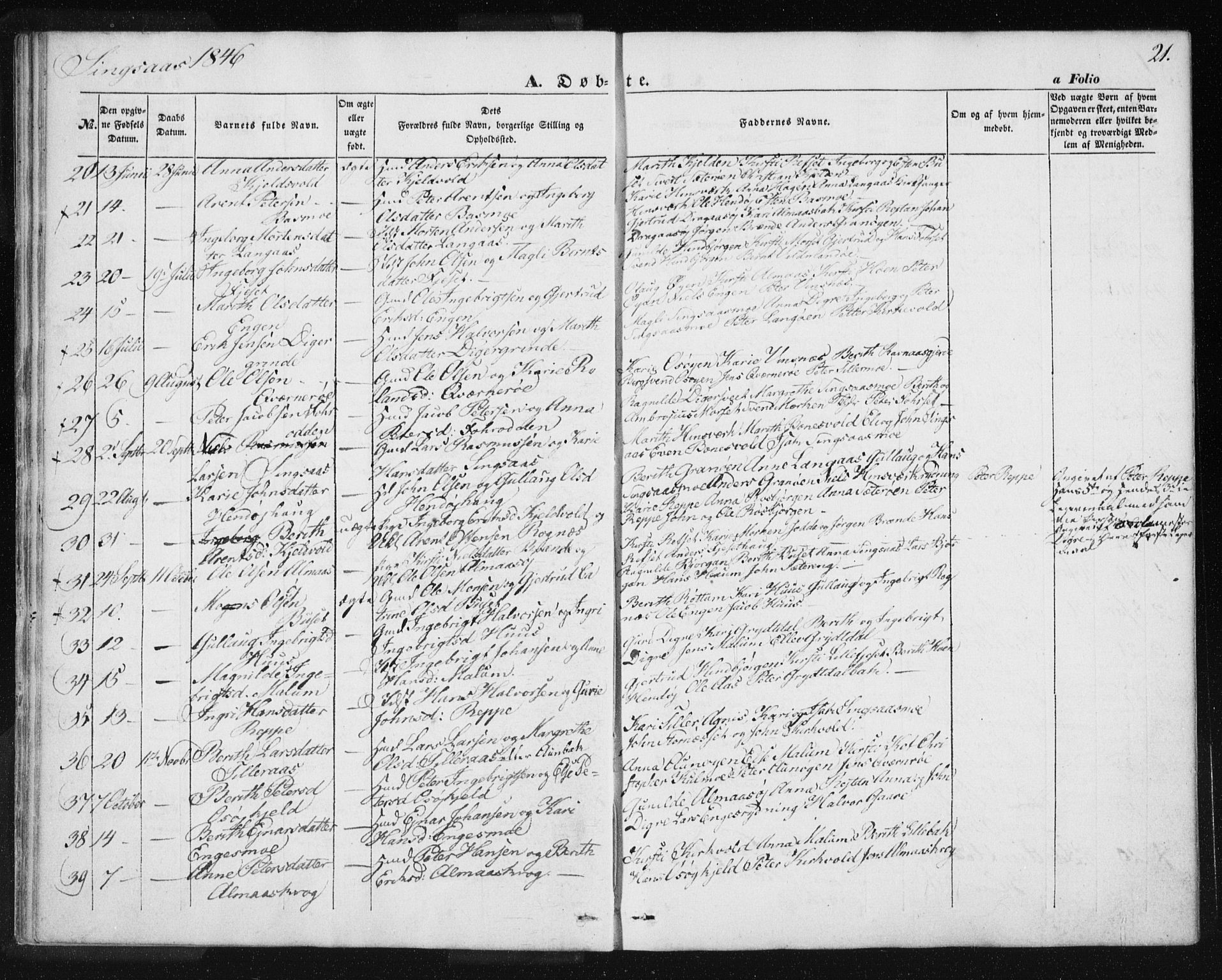 Ministerialprotokoller, klokkerbøker og fødselsregistre - Sør-Trøndelag, SAT/A-1456/685/L0964: Parish register (official) no. 685A06 /2, 1846-1859, p. 21