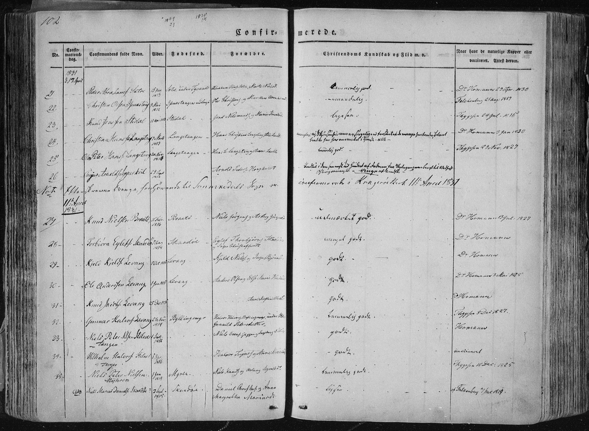Sannidal kirkebøker, SAKO/A-296/F/Fa/L0007: Parish register (official) no. 7, 1831-1854, p. 102