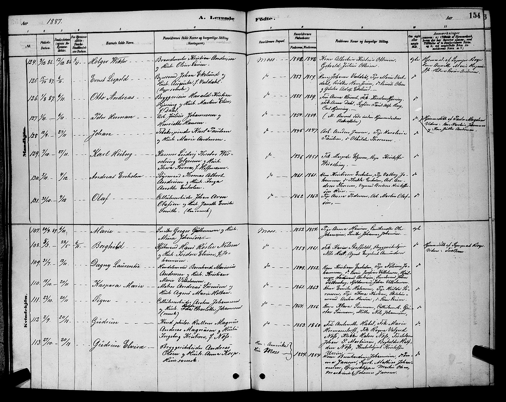 Moss prestekontor Kirkebøker, AV/SAO-A-2003/G/Ga/L0005: Parish register (copy) no. I 5, 1878-1888, p. 154