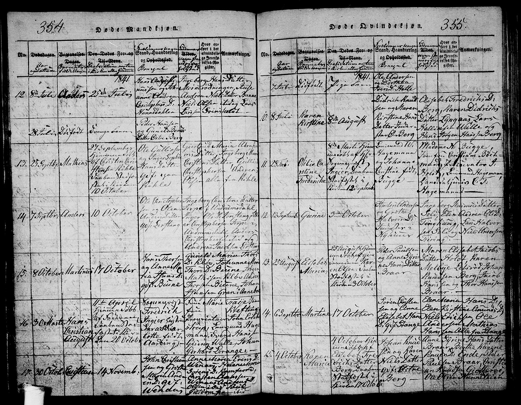 Ramnes kirkebøker, AV/SAKO-A-314/G/Ga/L0001: Parish register (copy) no. I 1, 1813-1847, p. 354-355