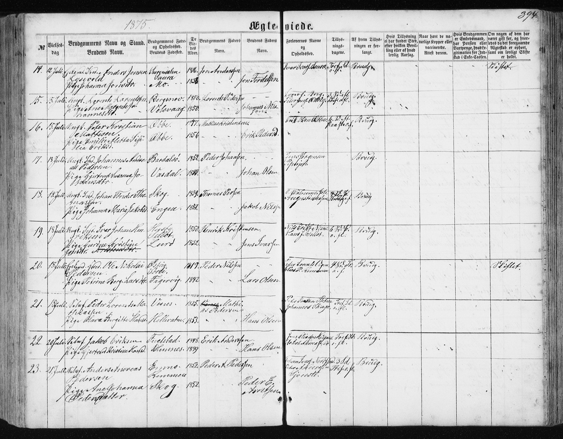 Ministerialprotokoller, klokkerbøker og fødselsregistre - Nordland, AV/SAT-A-1459/838/L0556: Parish register (copy) no. 838C03, 1861-1893, p. 394