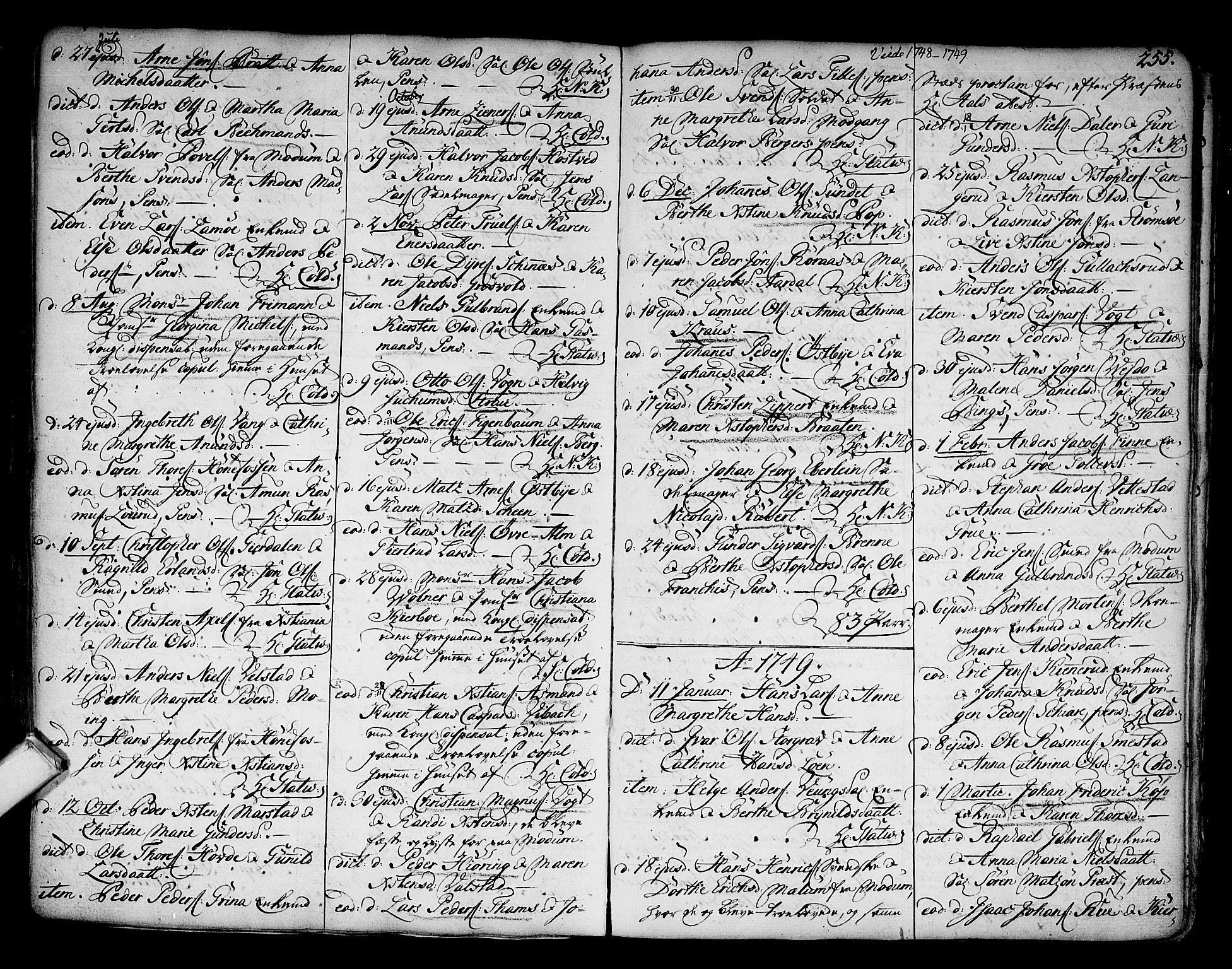 Kongsberg kirkebøker, AV/SAKO-A-22/F/Fa/L0003: Parish register (official) no. I 3, 1744-1755, p. 255