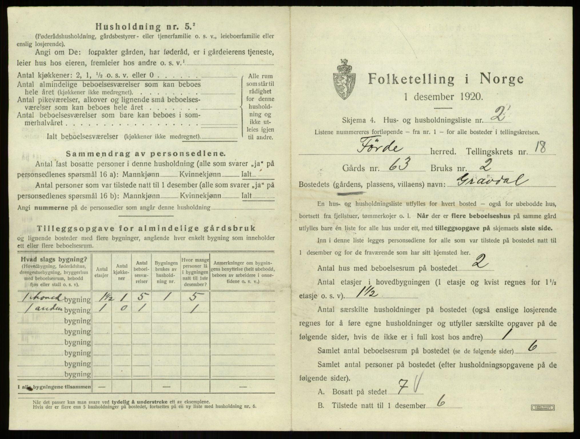 SAB, 1920 census for Førde, 1920, p. 1008