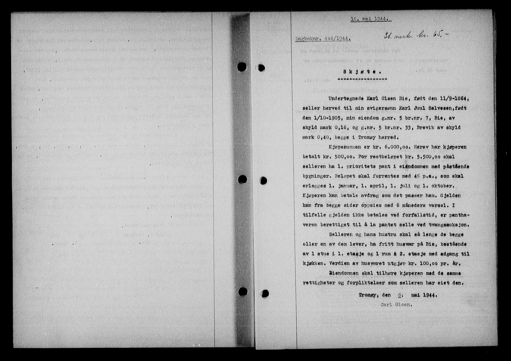 Nedenes sorenskriveri, SAK/1221-0006/G/Gb/Gba/L0051: Mortgage book no. A-V, 1943-1944, Diary no: : 404/1944