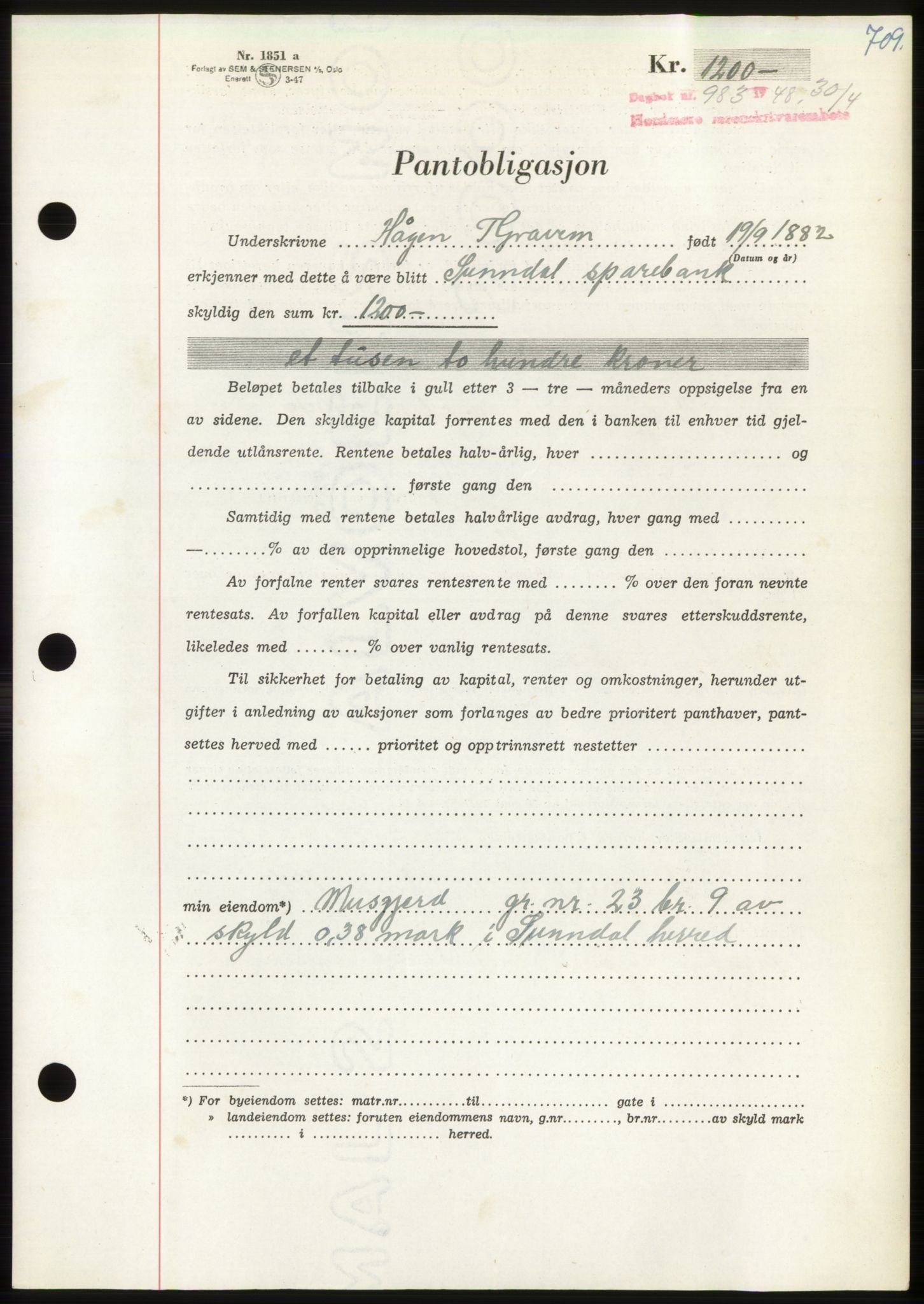 Nordmøre sorenskriveri, AV/SAT-A-4132/1/2/2Ca: Mortgage book no. B98, 1948-1948, Diary no: : 983/1948