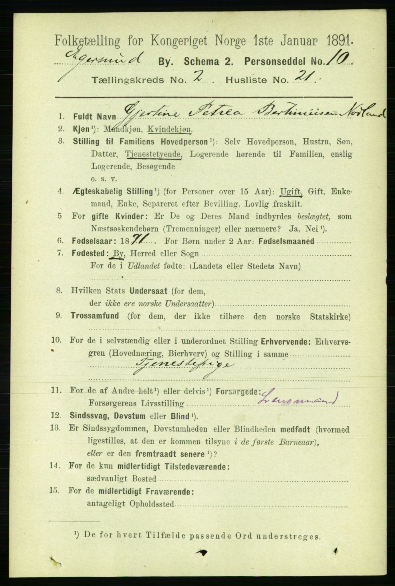 RA, 1891 census for 1101 Egersund, 1891, p. 400