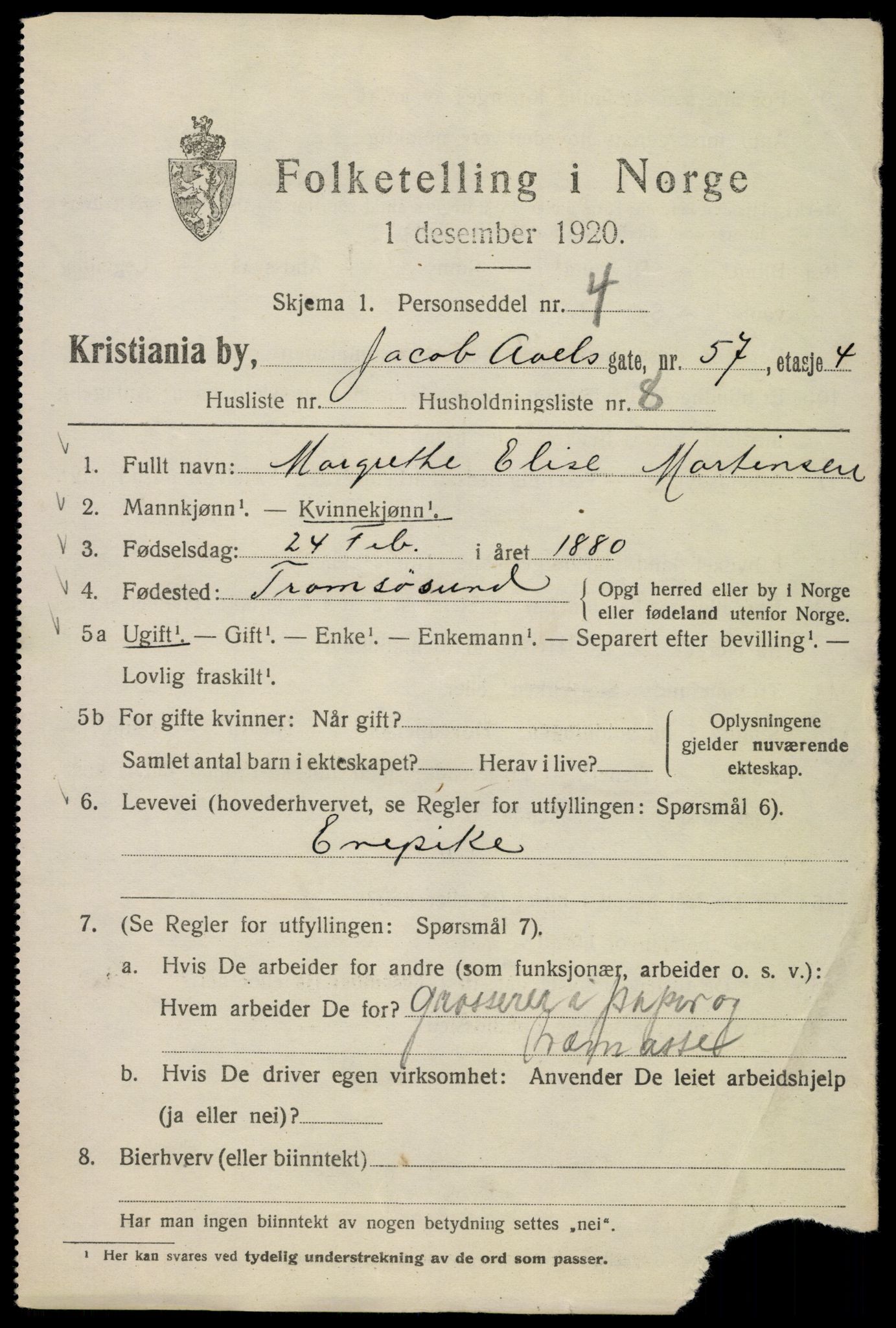 SAO, 1920 census for Kristiania, 1920, p. 316537