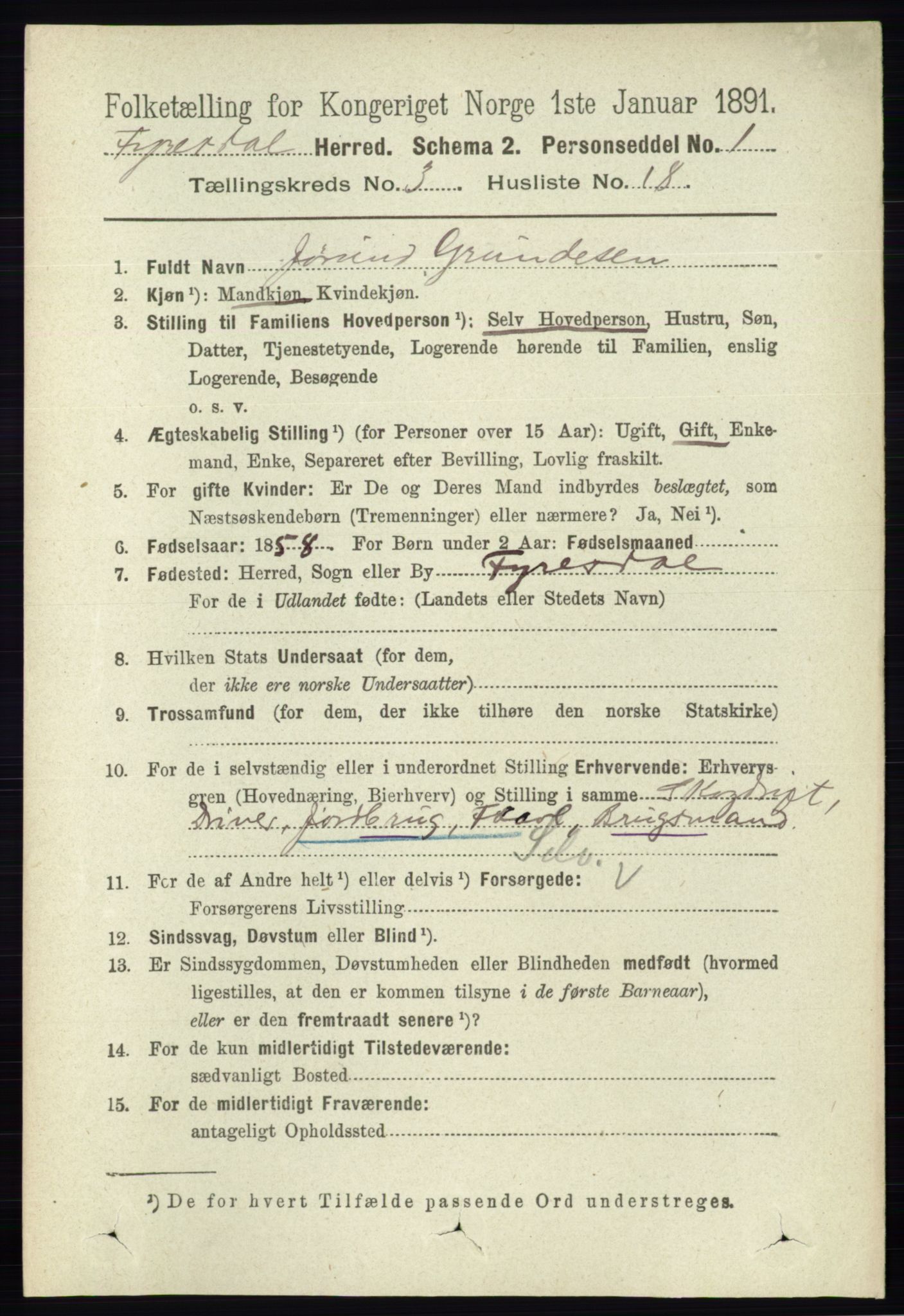 RA, 1891 census for 0831 Fyresdal, 1891, p. 568