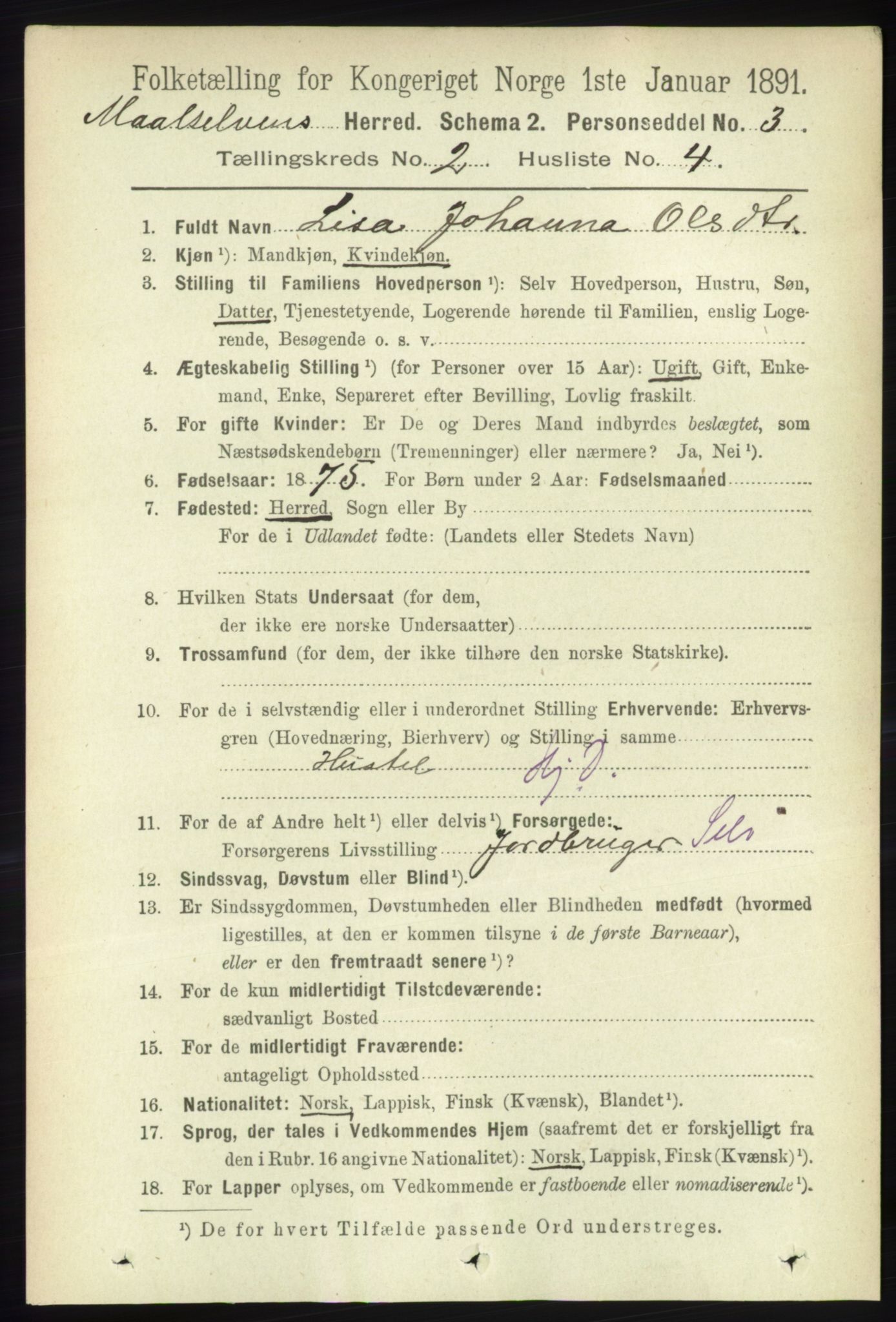 RA, 1891 census for 1924 Målselv, 1891, p. 317