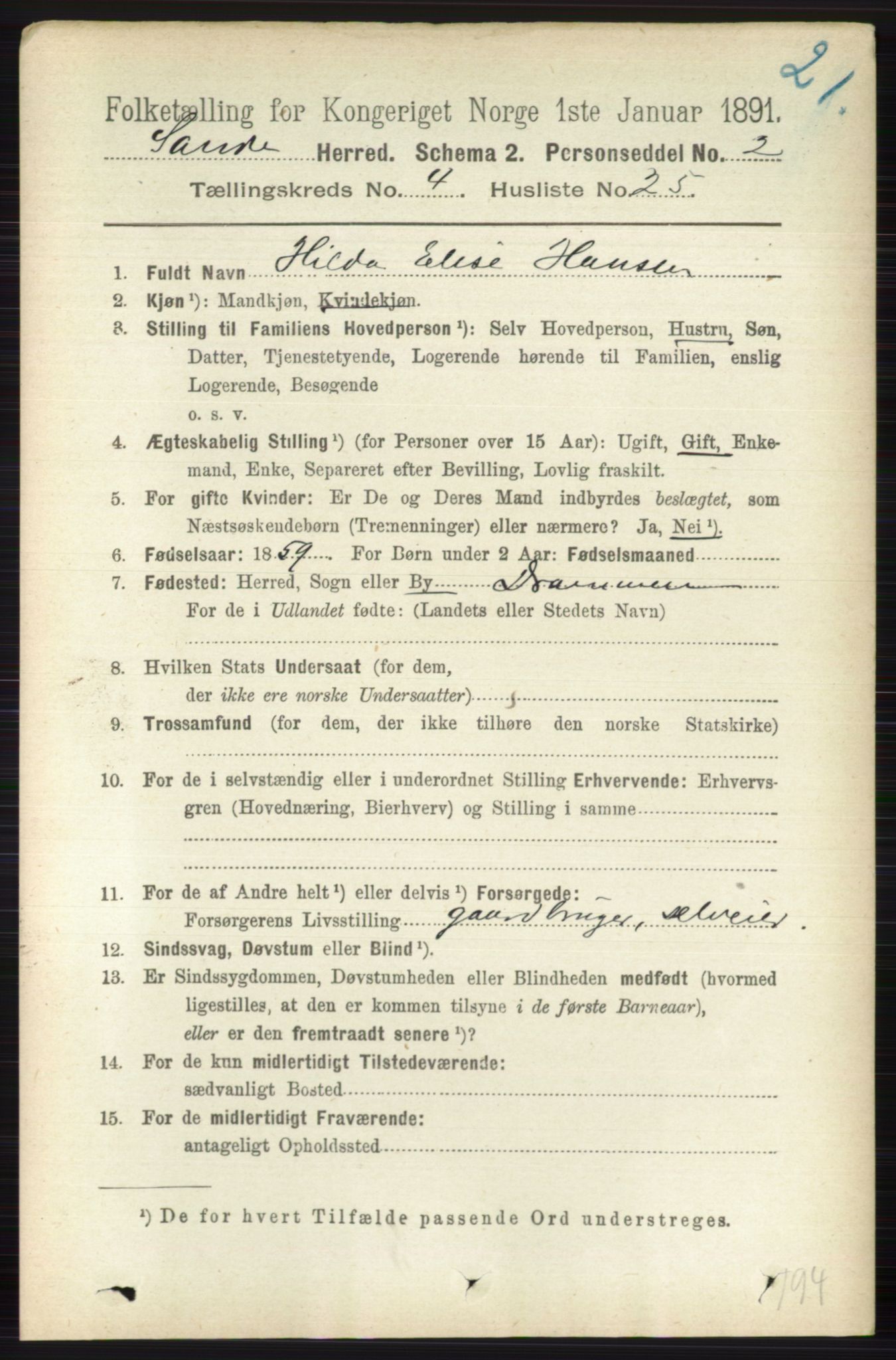 RA, 1891 census for 0713 Sande, 1891, p. 1657