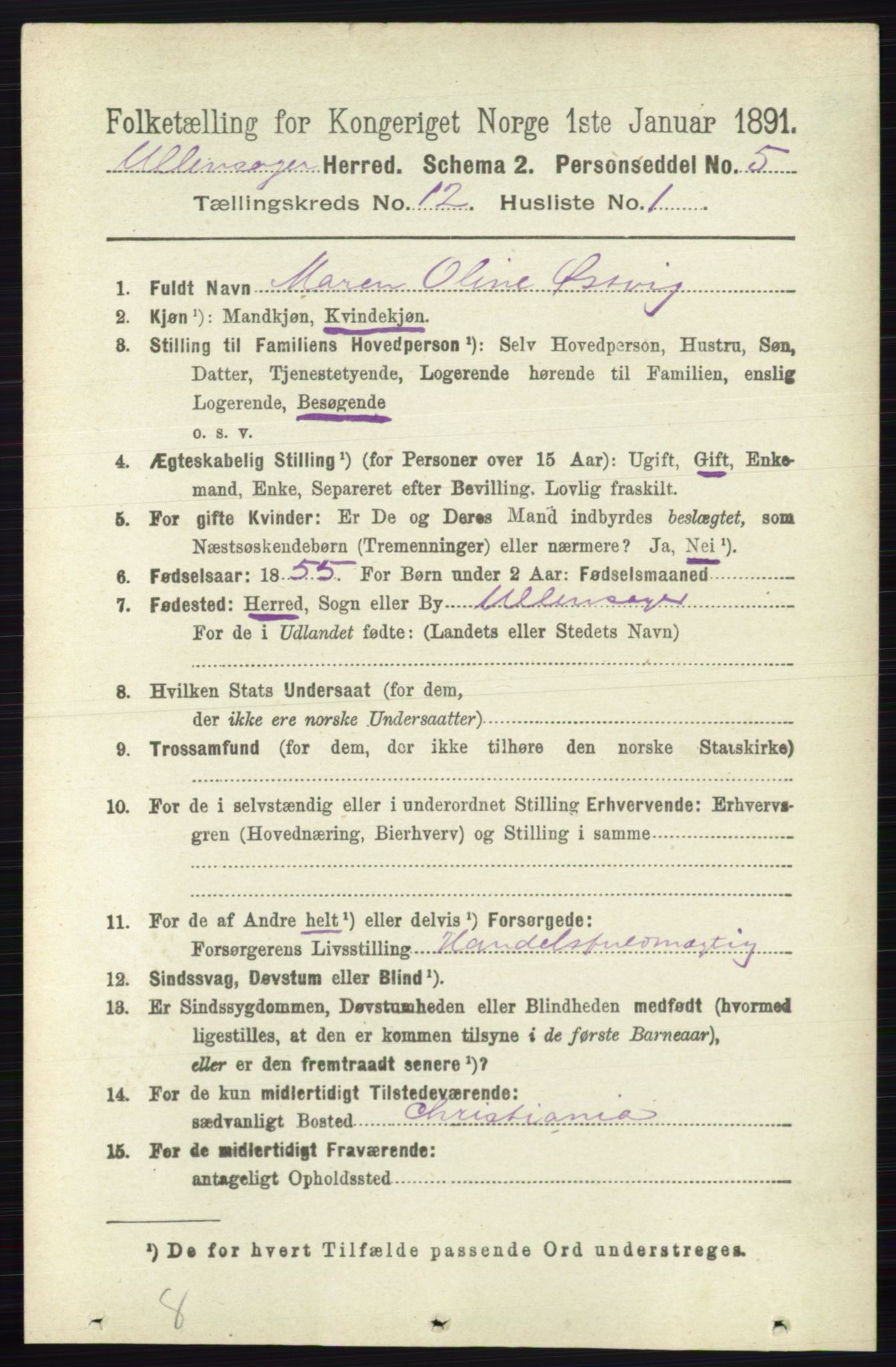 RA, 1891 census for 0235 Ullensaker, 1891, p. 5614