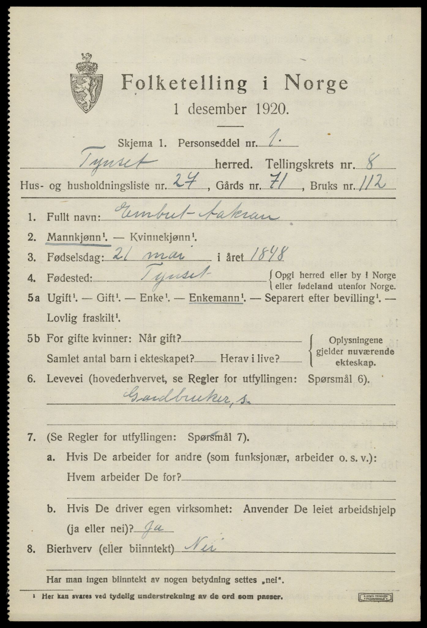 SAH, 1920 census for Tynset, 1920, p. 6888