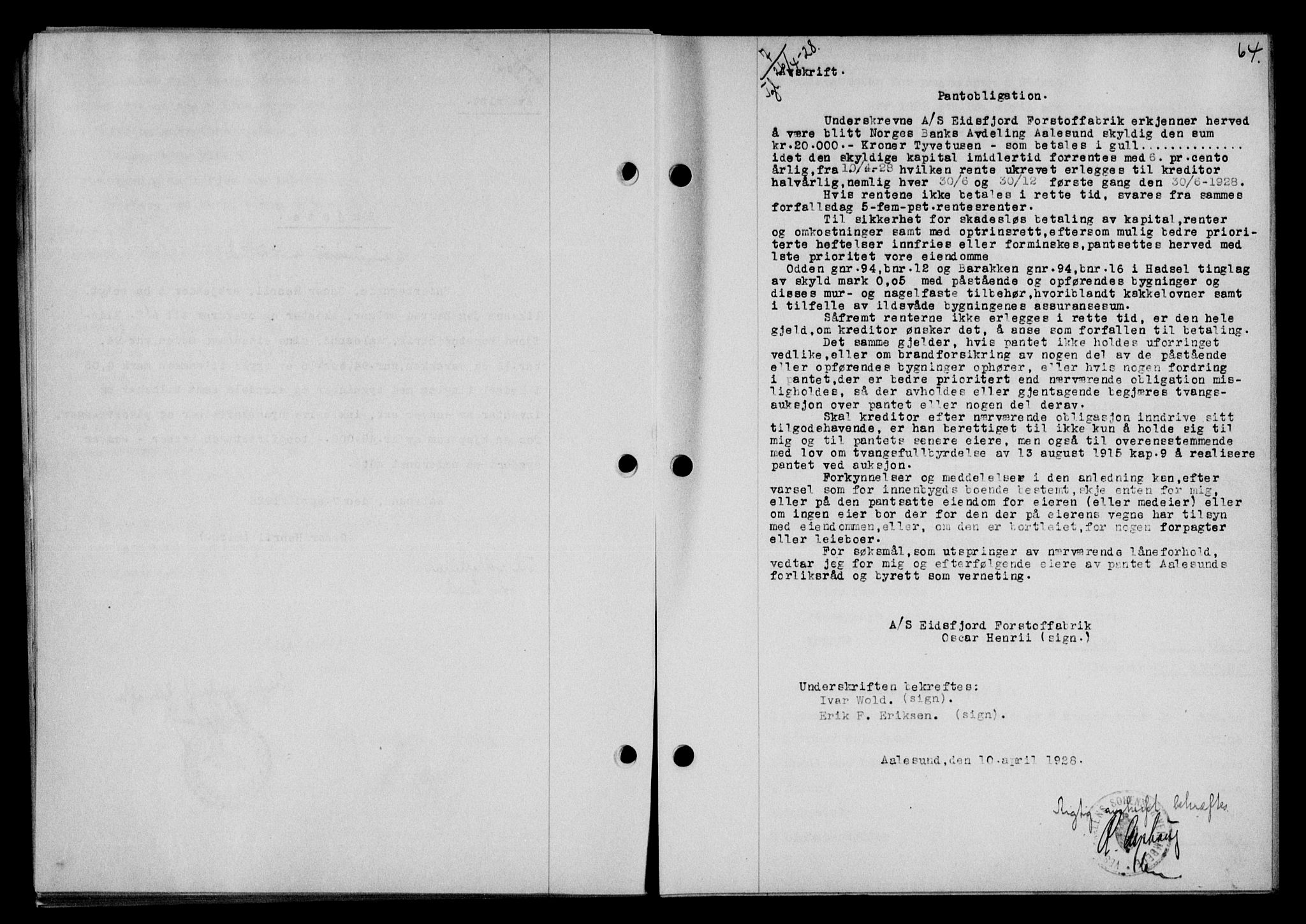 Vesterålen sorenskriveri, SAT/A-4180/1/2/2Ca/L0046: Mortgage book no. 39, 1928-1928, Deed date: 26.04.1928