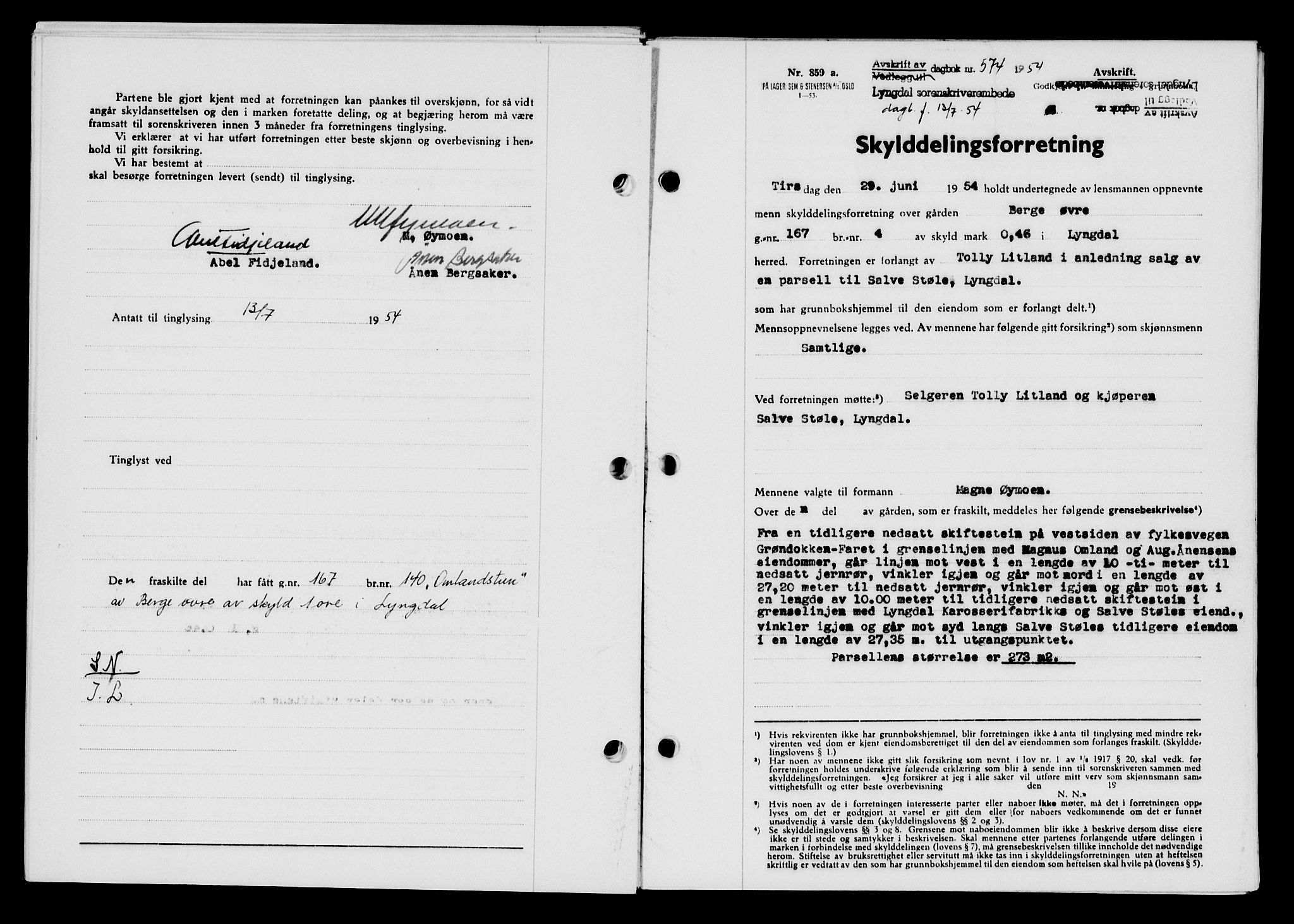 Lyngdal sorenskriveri, AV/SAK-1221-0004/G/Gb/L0670: Mortgage book no. A XVI, 1954-1954, Diary no: : 574/1954