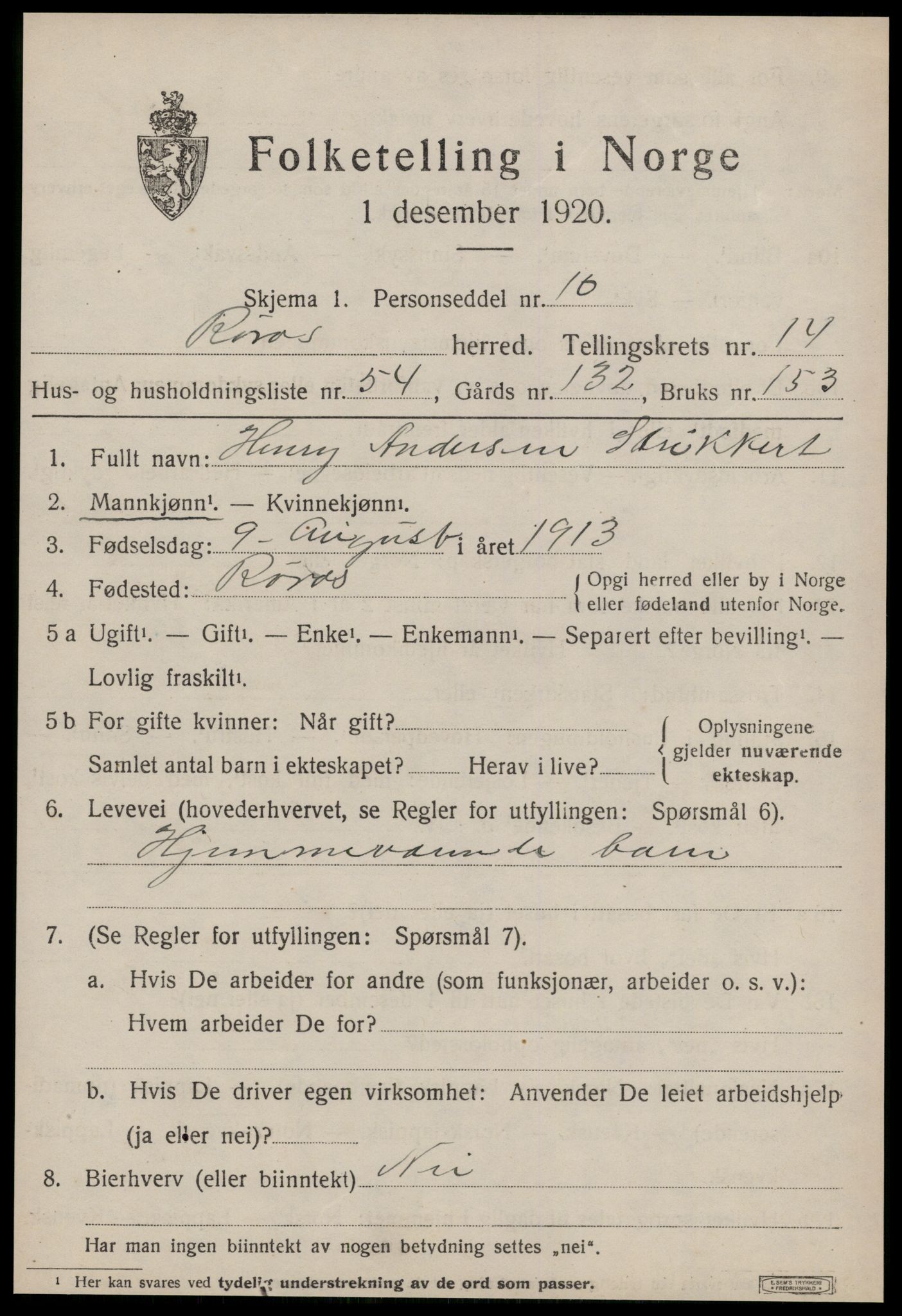 SAT, 1920 census for Røros, 1920, p. 10250