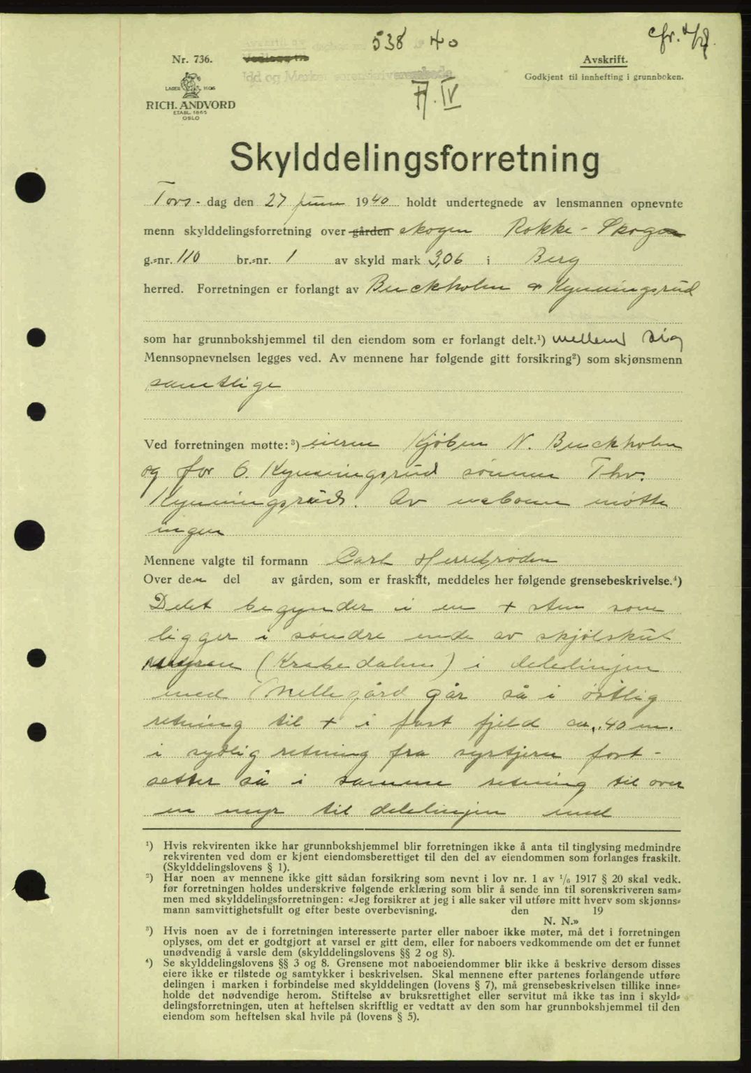 Idd og Marker sorenskriveri, AV/SAO-A-10283/G/Gb/Gbb/L0004: Mortgage book no. A4, 1940-1941, Diary no: : 538/1940
