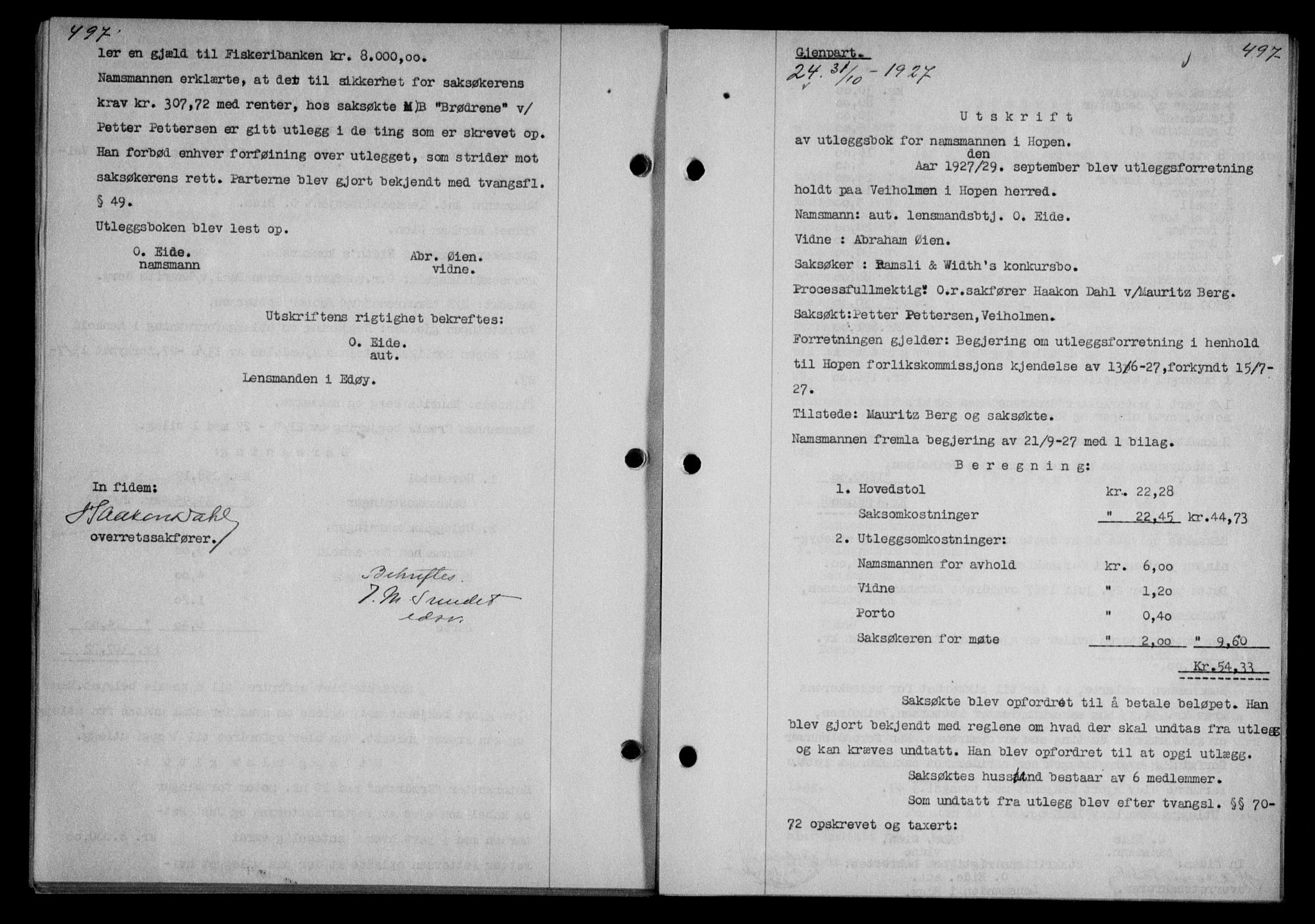 Nordmøre sorenskriveri, AV/SAT-A-4132/1/2/2Ca/L0062: Mortgage book no. 52, 1927-1927, Deed date: 31.10.1927