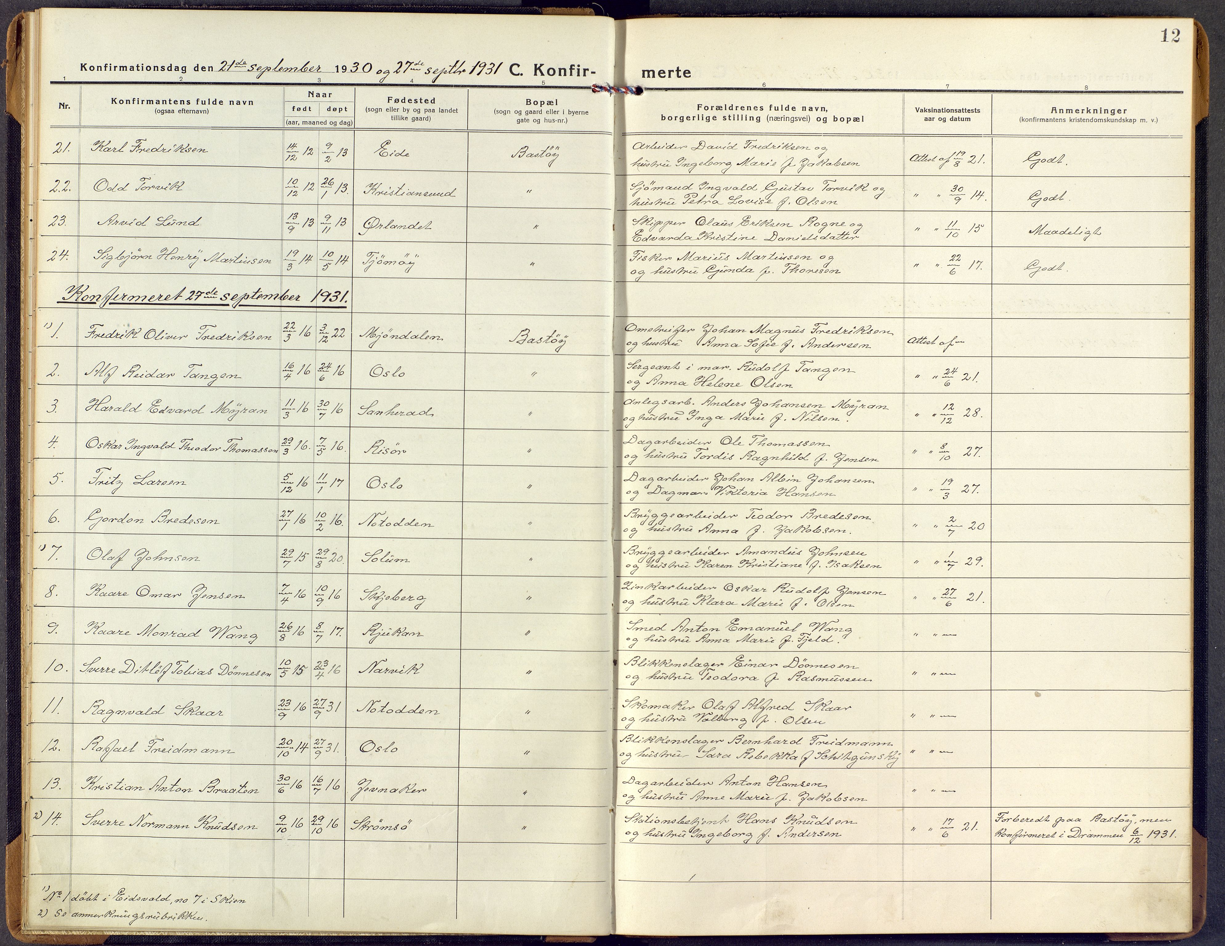 Borre kirkebøker, AV/SAKO-A-338/F/Fd/L0001: Parish register (official) no. IV 1, 1922-1964, p. 12