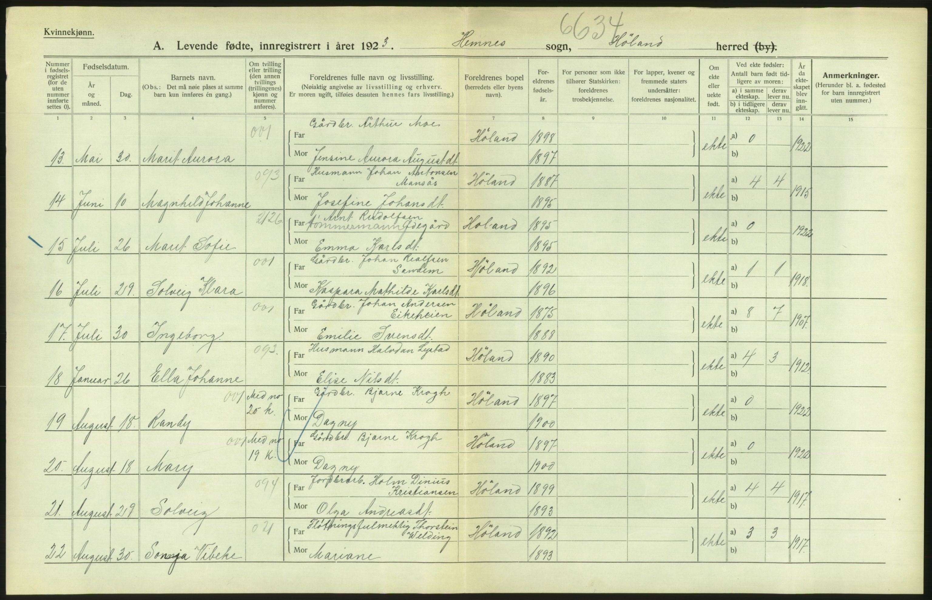 Statistisk sentralbyrå, Sosiodemografiske emner, Befolkning, RA/S-2228/D/Df/Dfc/Dfcc/L0003: Akershus fylke: Levendefødte menn og kvinner. Bygder., 1923, p. 594