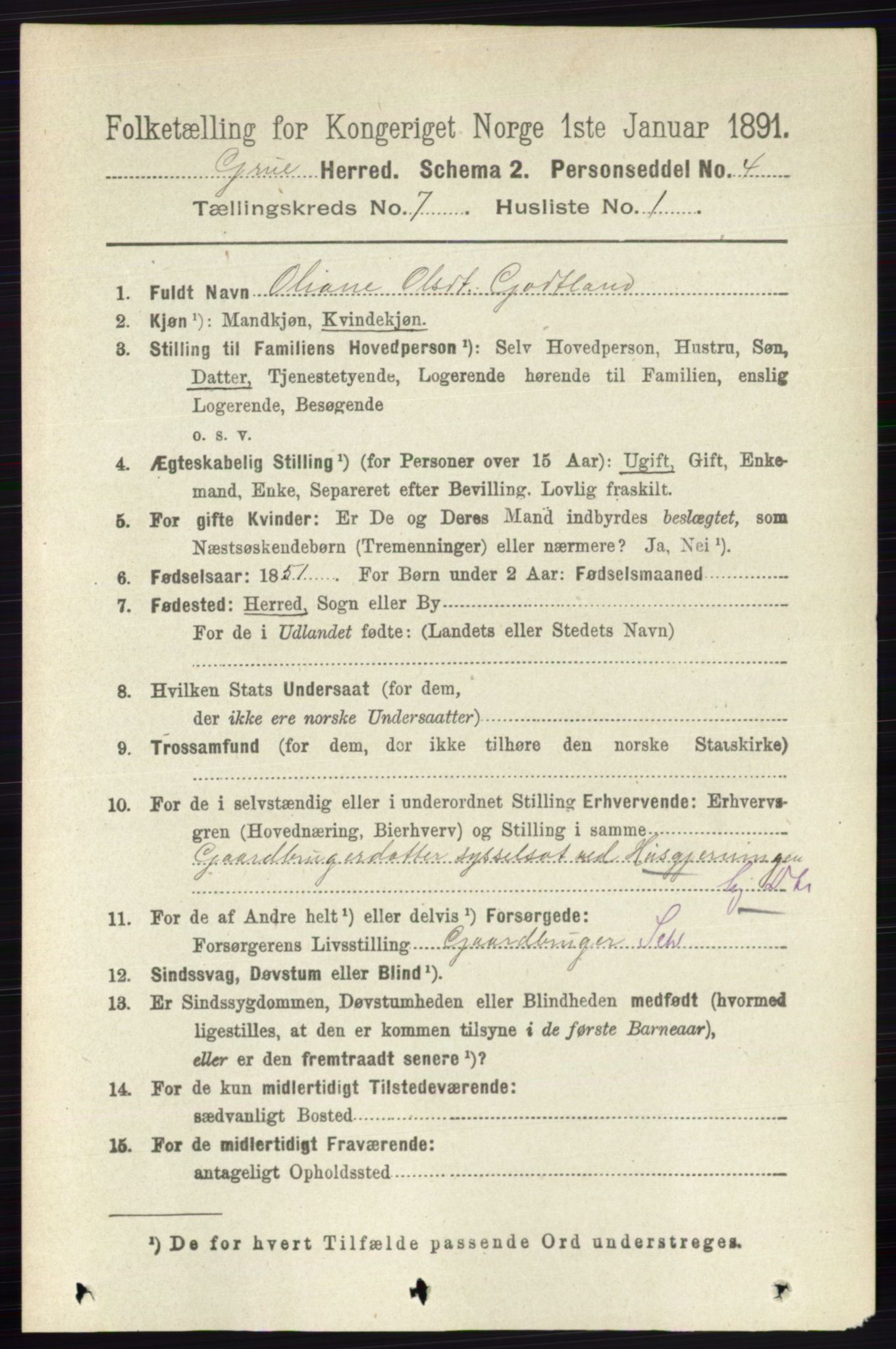 RA, 1891 census for 0423 Grue, 1891, p. 3570