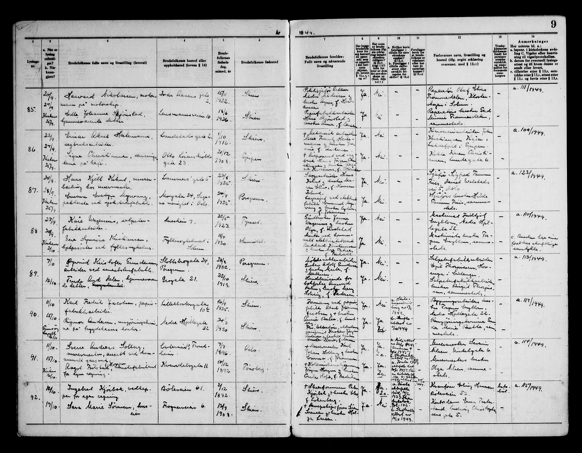 Skien kirkebøker, AV/SAKO-A-302/H/Ha/L0003: Banns register no. 3, 1949-1955, p. 9