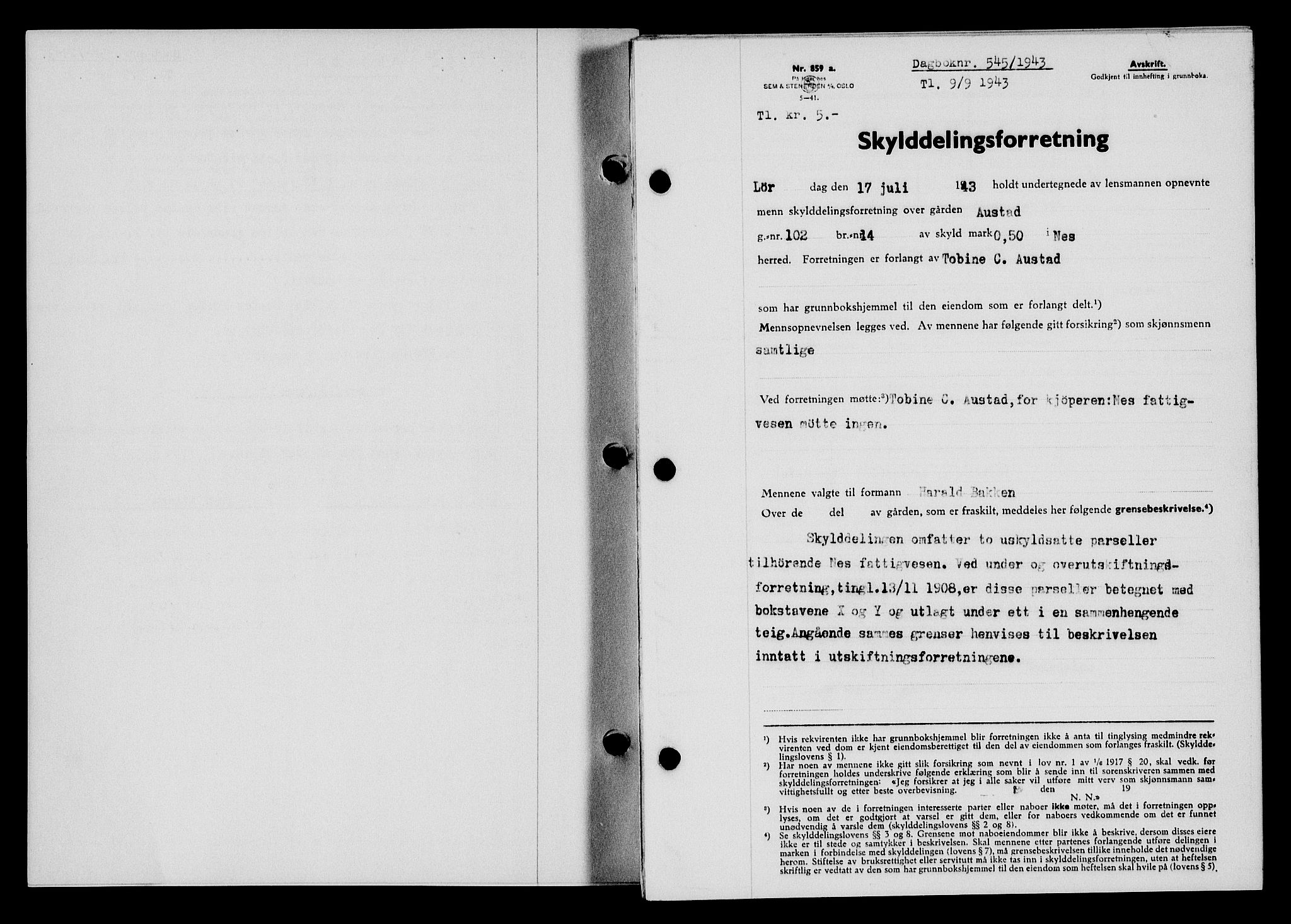 Flekkefjord sorenskriveri, SAK/1221-0001/G/Gb/Gba/L0058: Mortgage book no. A-6, 1942-1944, Diary no: : 545/1943