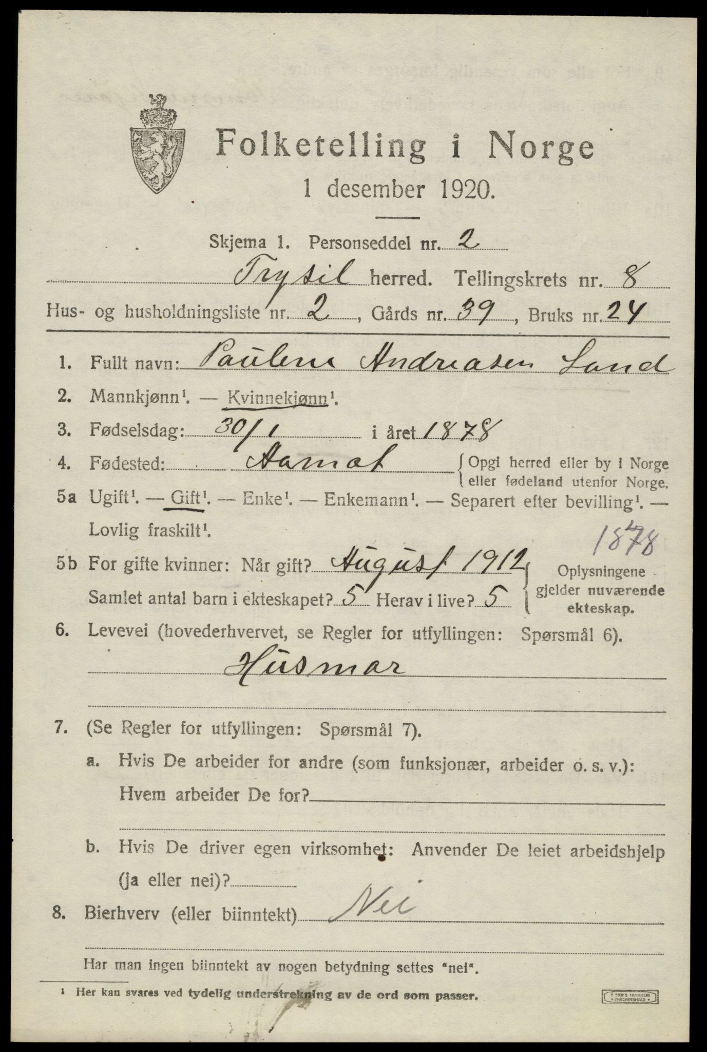 SAH, 1920 census for Trysil, 1920, p. 6235