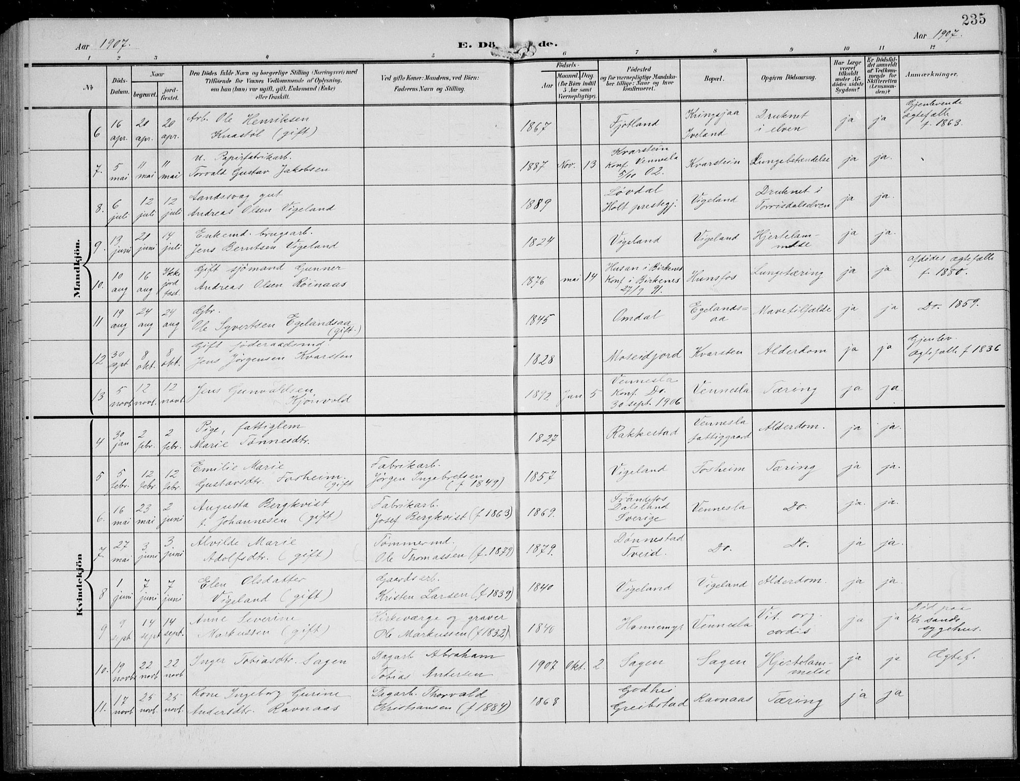 Vennesla sokneprestkontor, AV/SAK-1111-0045/Fb/Fbb/L0005: Parish register (copy) no. B 5, 1903-1913, p. 235