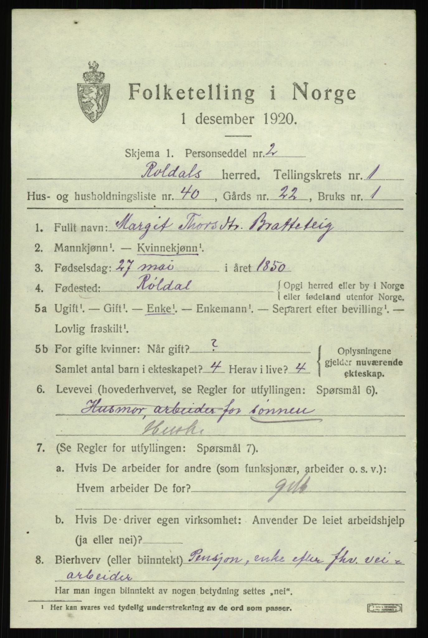 SAB, 1920 census for Røldal, 1920, p. 745