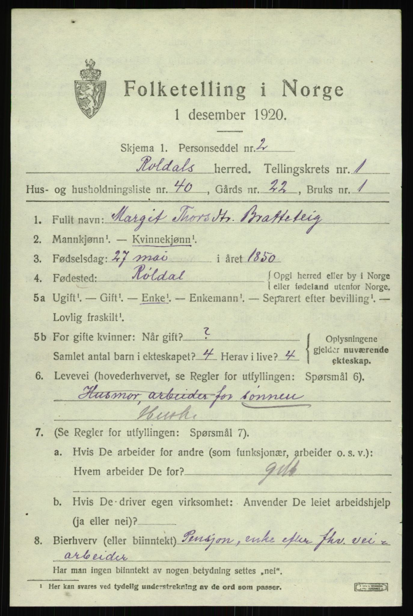 SAB, 1920 census for Røldal, 1920, p. 745