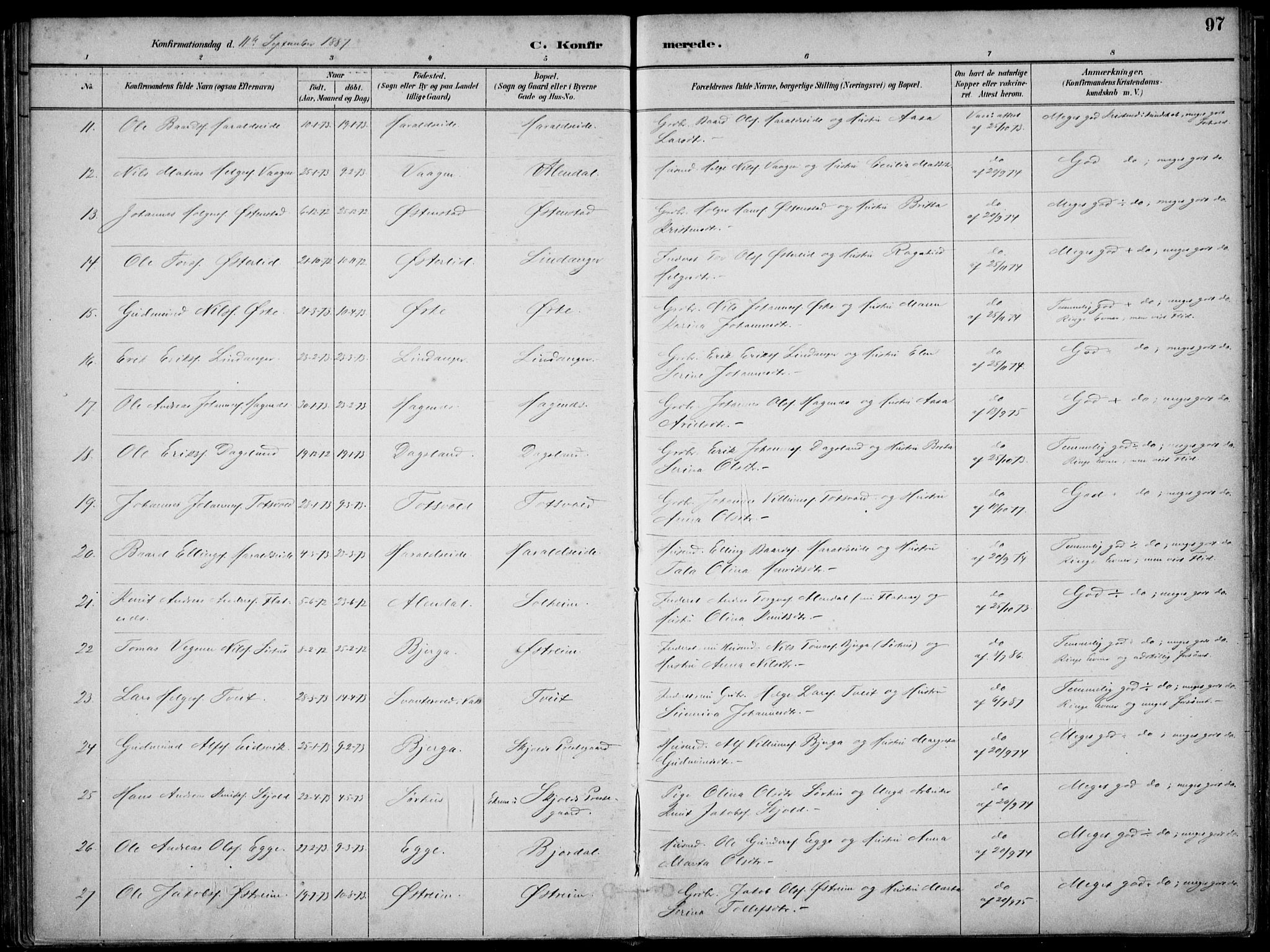 Skjold sokneprestkontor, AV/SAST-A-101847/H/Ha/Haa/L0010: Parish register (official) no. A 10, 1882-1897, p. 97