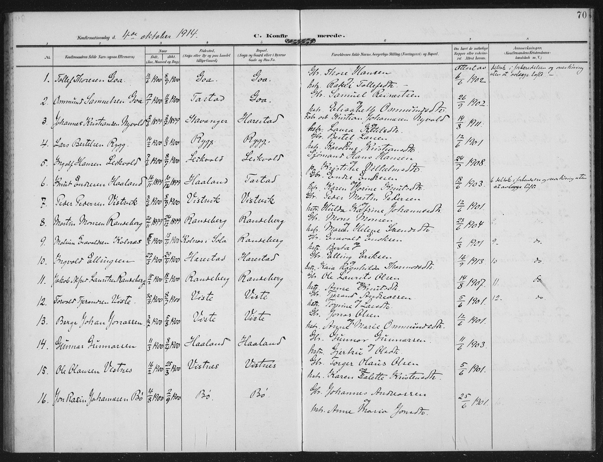 Hetland sokneprestkontor, AV/SAST-A-101826/30/30BA: Parish register (official) no. A 14, 1905-1919, p. 70