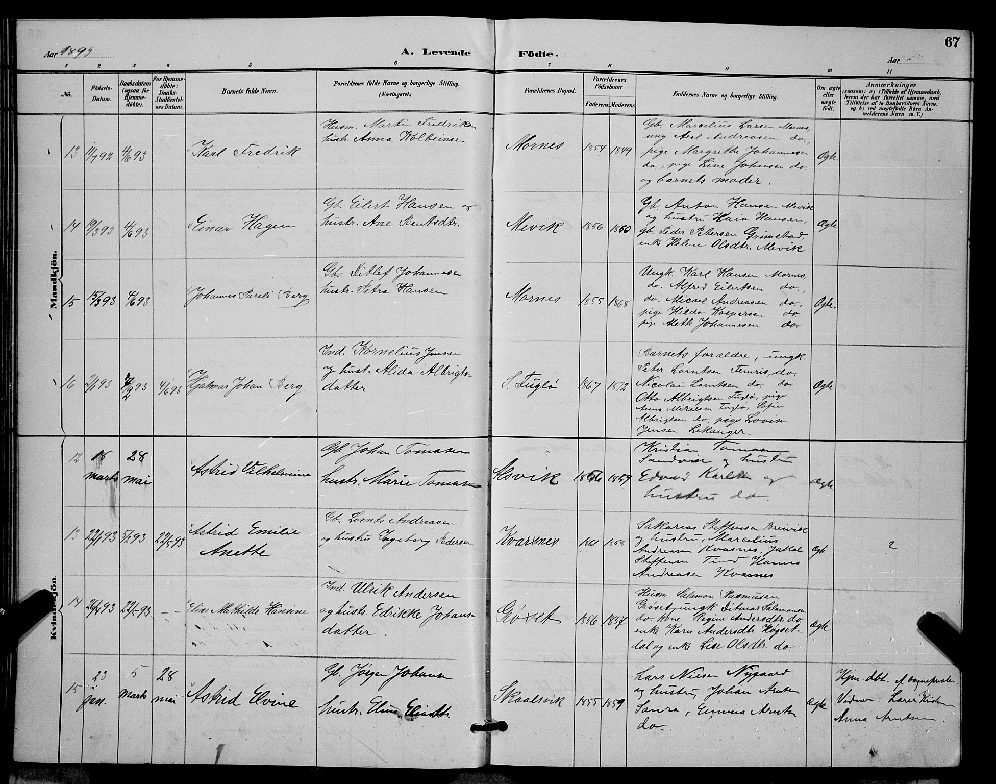 Ministerialprotokoller, klokkerbøker og fødselsregistre - Nordland, AV/SAT-A-1459/805/L0108: Parish register (copy) no. 805C04, 1885-1899, p. 67